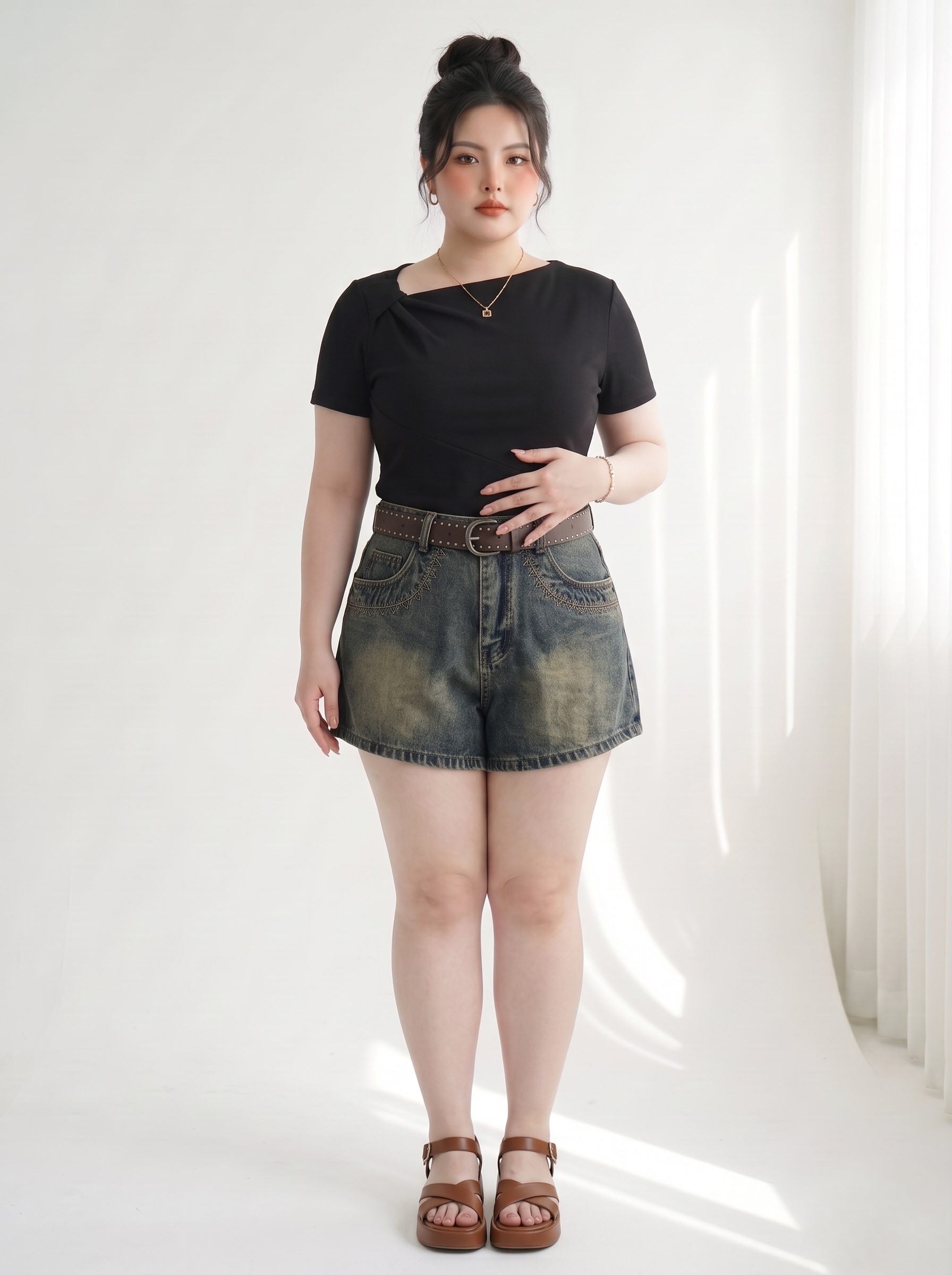 Quần Short Jean May Viền Túi Bigsize Cạp Cao Gọn Đùi Dễ Phối - Xanh/Đen Wash - Vừa 55-90kg - T-QSJ1327_thumbnail_1
