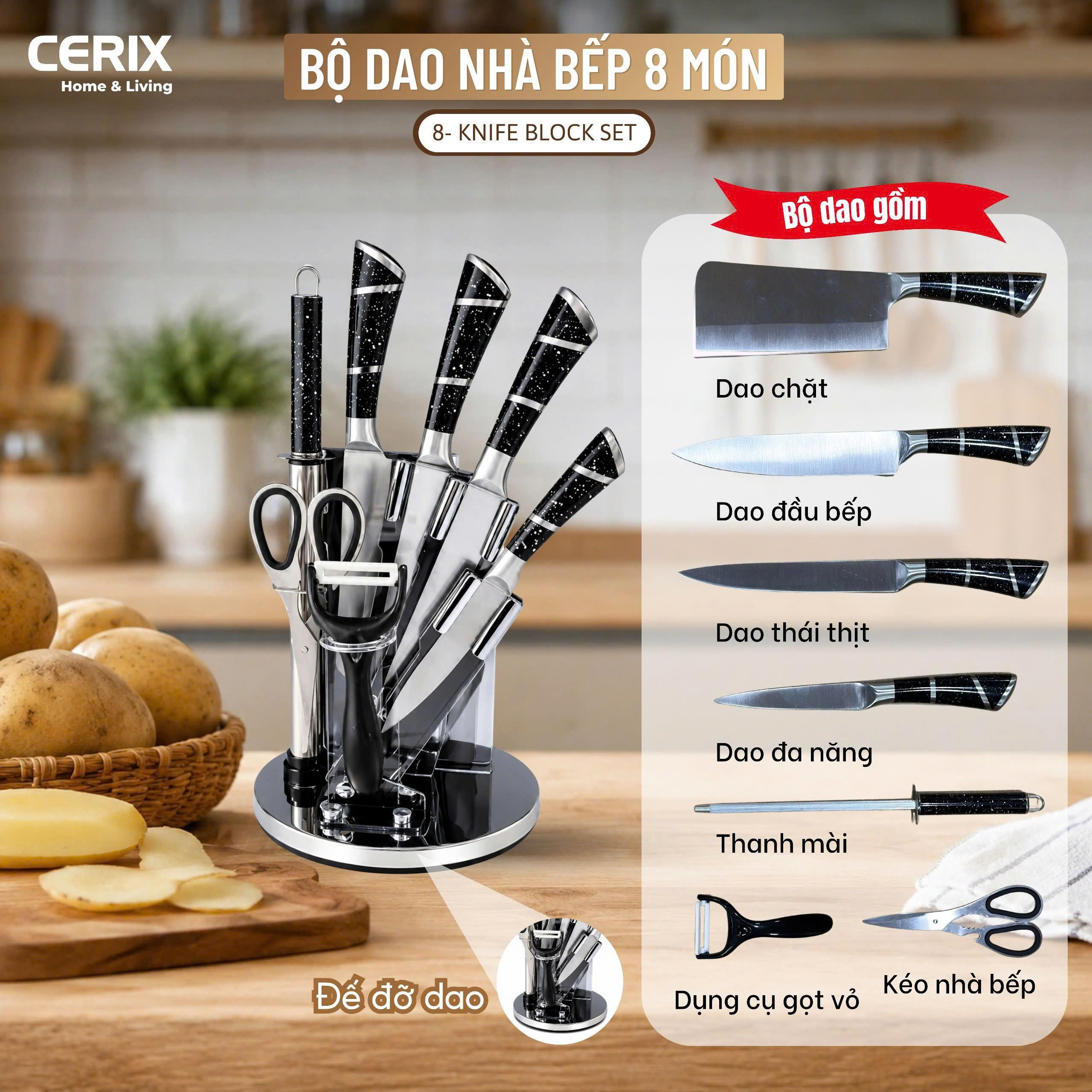 BỘ DAO NHÀ BẾP 8 MÓN KÈM GIÁ ĐỰNG DAO