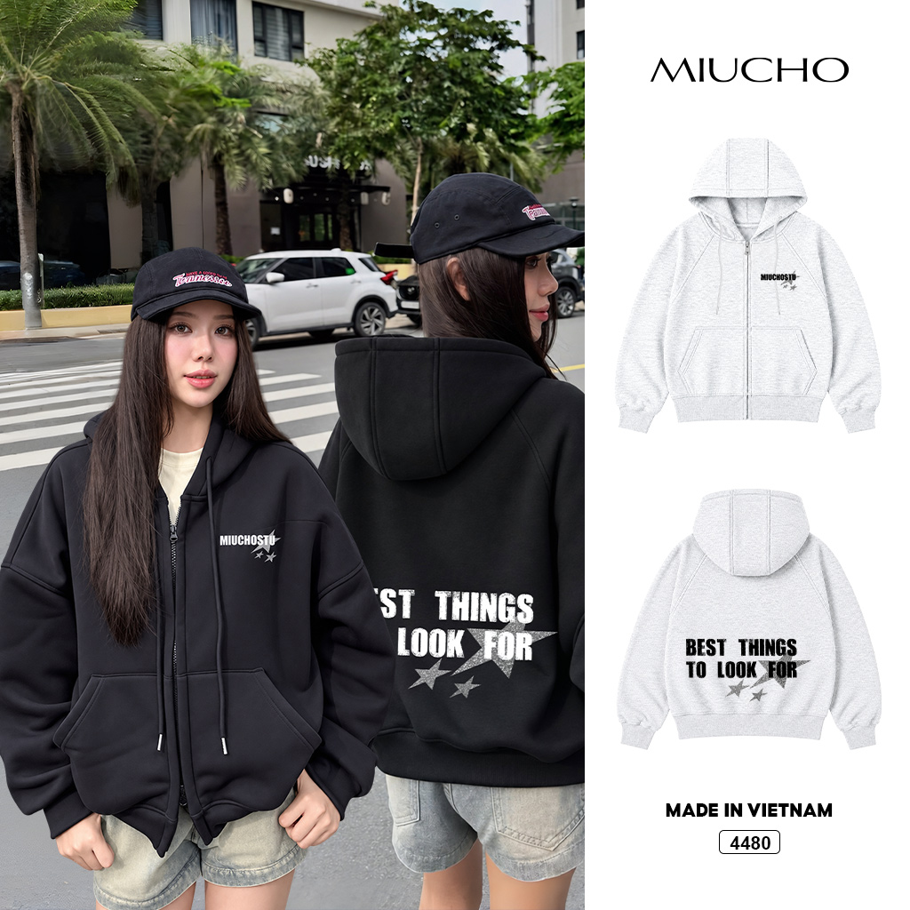 Áo hoodie zip Miucho form rộng basic nỉ 2 da in mix 4480