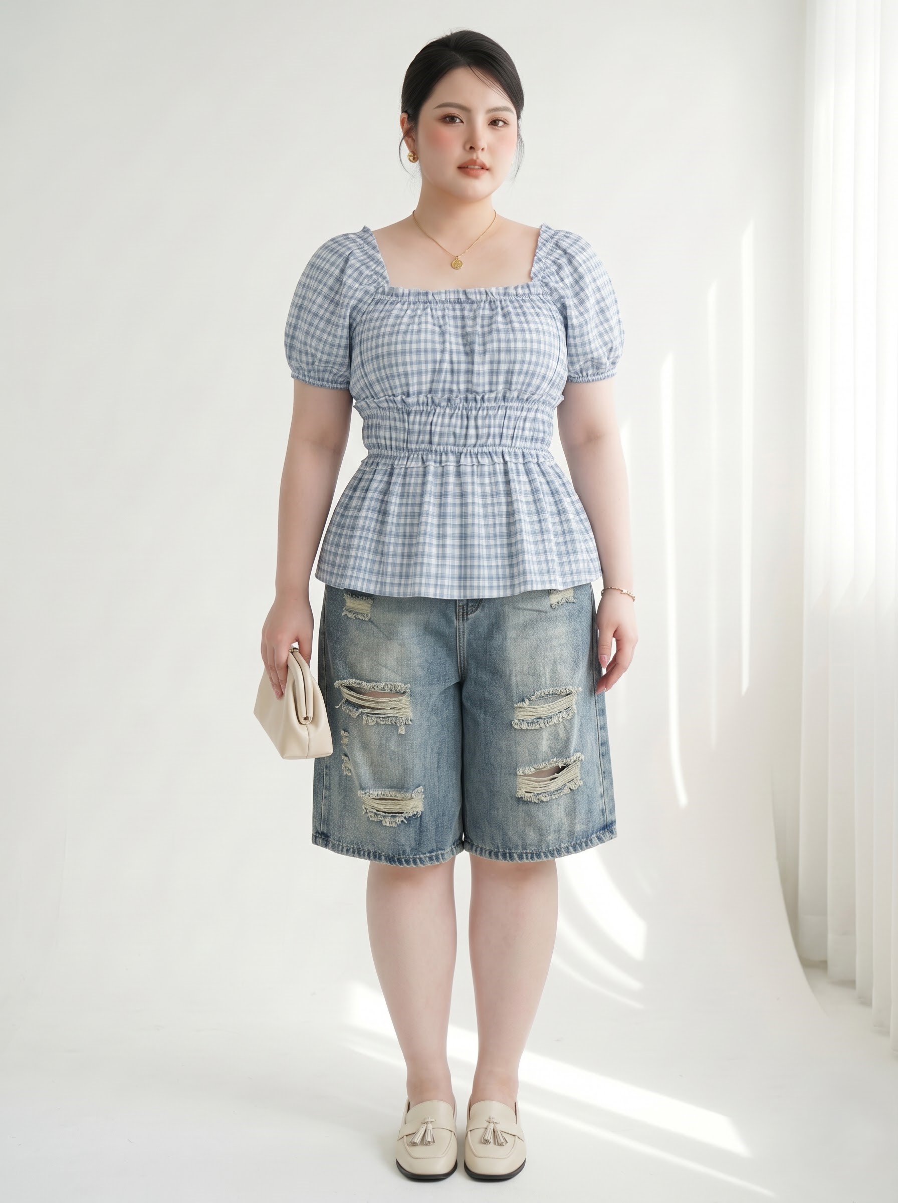 Plus Size A-Line Ripped Denim Shorts with Elastic Waistband - Light Blue, Dark Blue - Fits 55–90kg - T-QSJ78