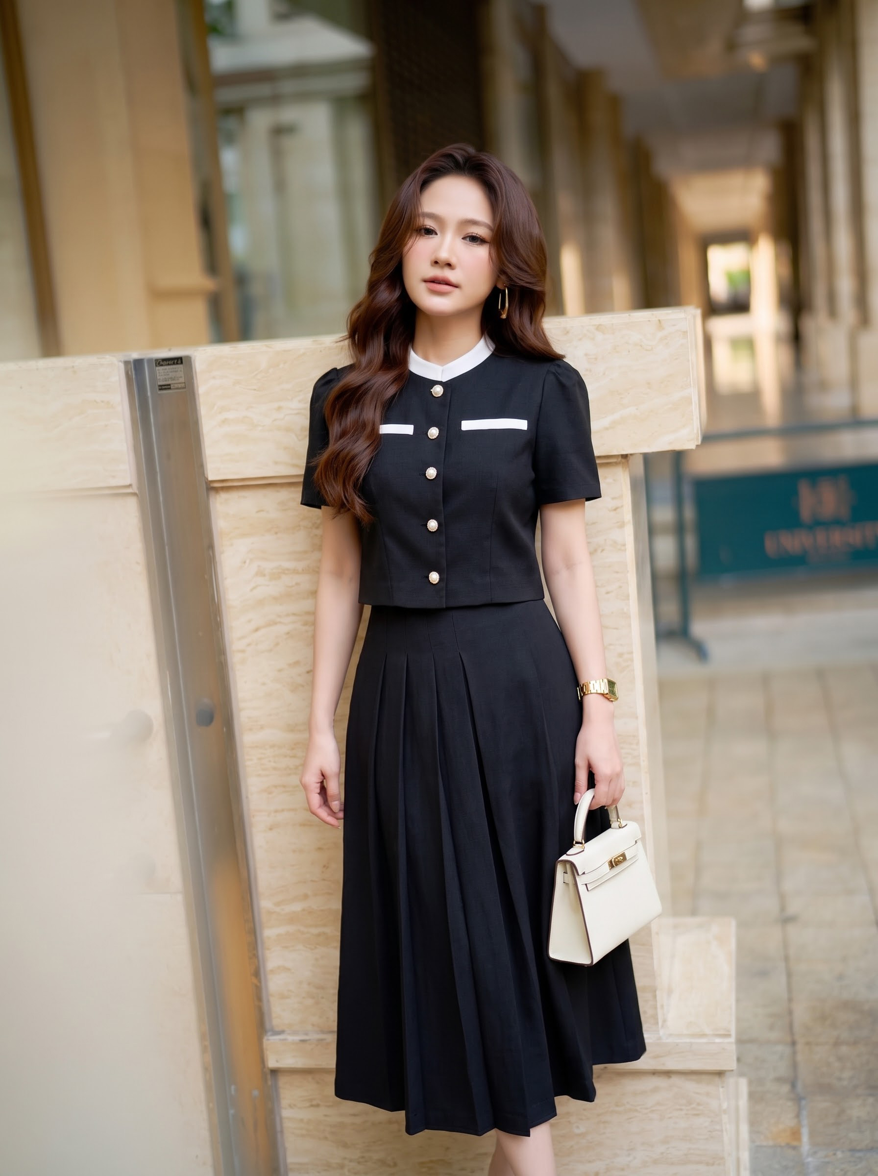 Bộ váy xếp ly 26509 đen