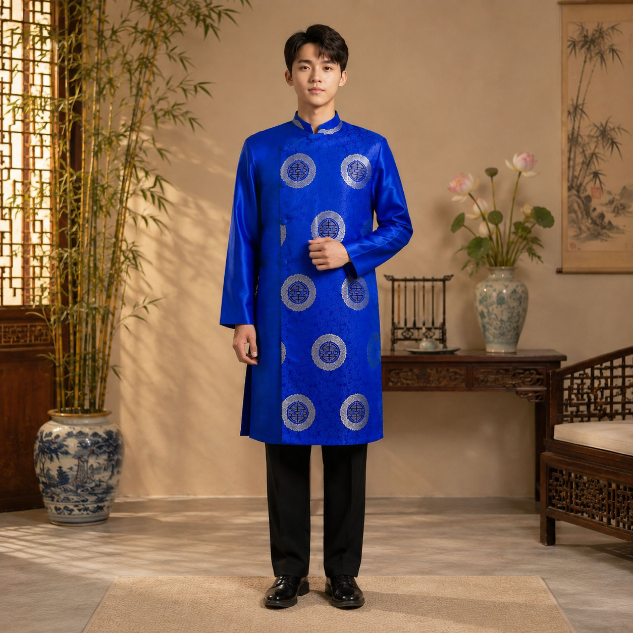 Áo Dài Nam Cách Tân Taffeta Họa Tiết Chữ Thọ Cao Cấp NA26-19_thumbnail_5