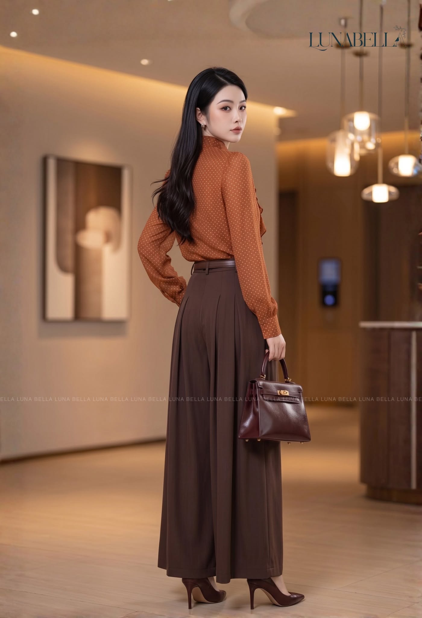 Set áo sơ mi bèo quần xuông rộng SHELLEY màu NÂU CAM_thumbnail_2