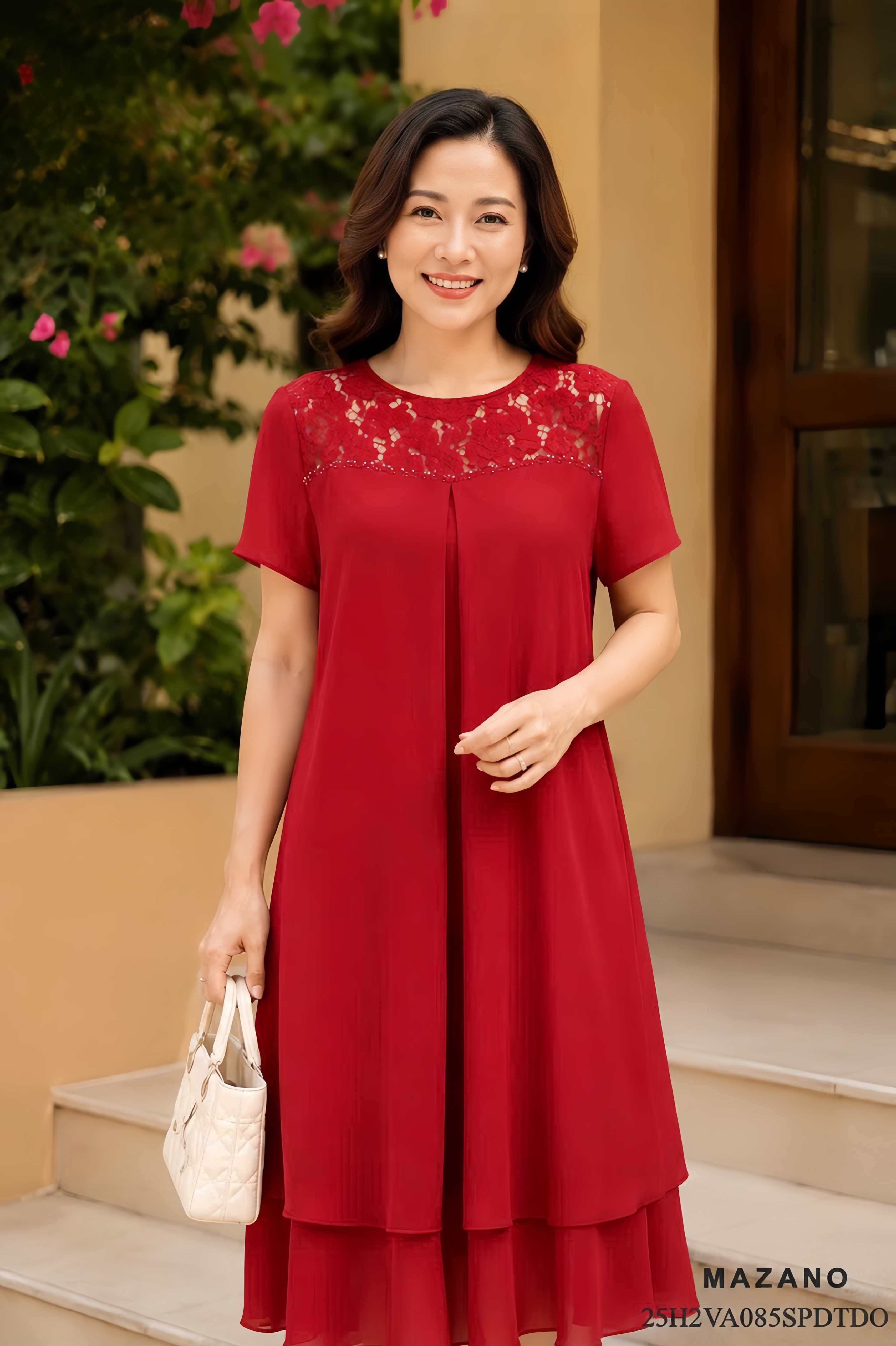 Váy Đầm suông A Vải voan phối ren ngực Đính trang trí Cổ tròn Tay ngắn Dài váy qua gối