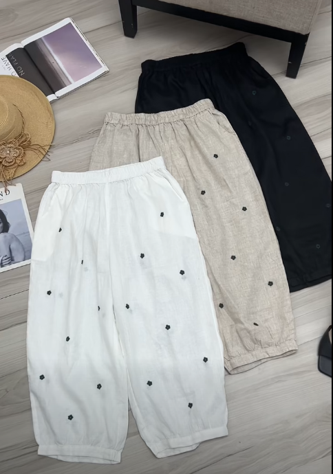 Quần linen tưng pre lưng chun thêu hoa nhí