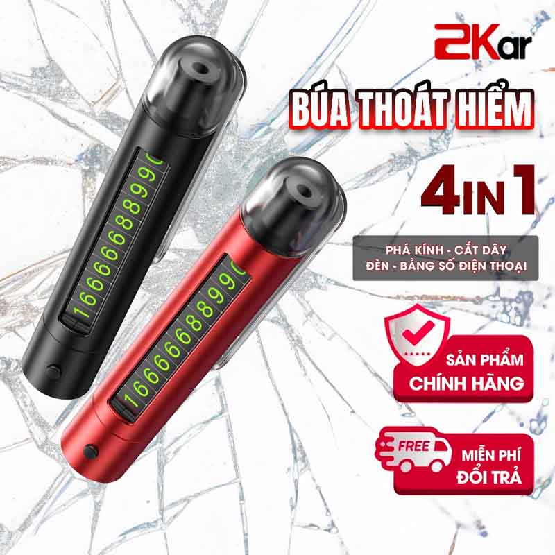 Búa Thoát Hiểm Ô Tô 4in1 2Kar – Phá Kính Nhanh, Cắt Dây An Toàn, Đèn LED & Bảng Số Điện Thoại Tiện Lợi