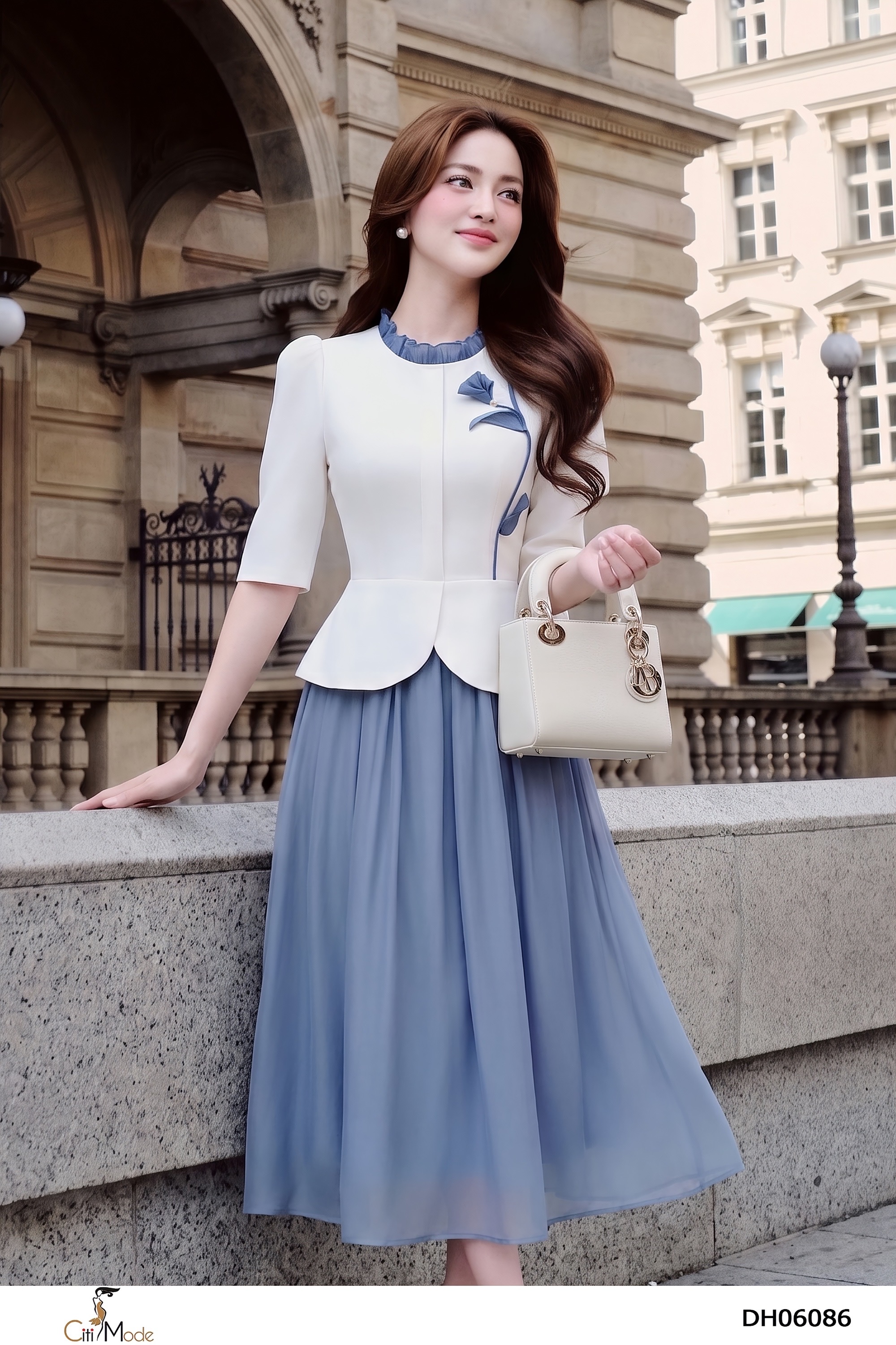 Đầm xòe tơ ghi peplum phối trắng cổ nhún, đính hoa, tay lỡ