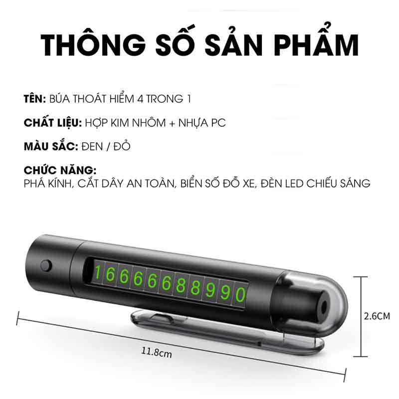 Búa Thoát Hiểm Ô Tô 4in1 2Kar – Phá Kính Nhanh, Cắt Dây An Toàn, Đèn LED & Bảng Số Điện Thoại Tiện Lợi_thumbnail_8