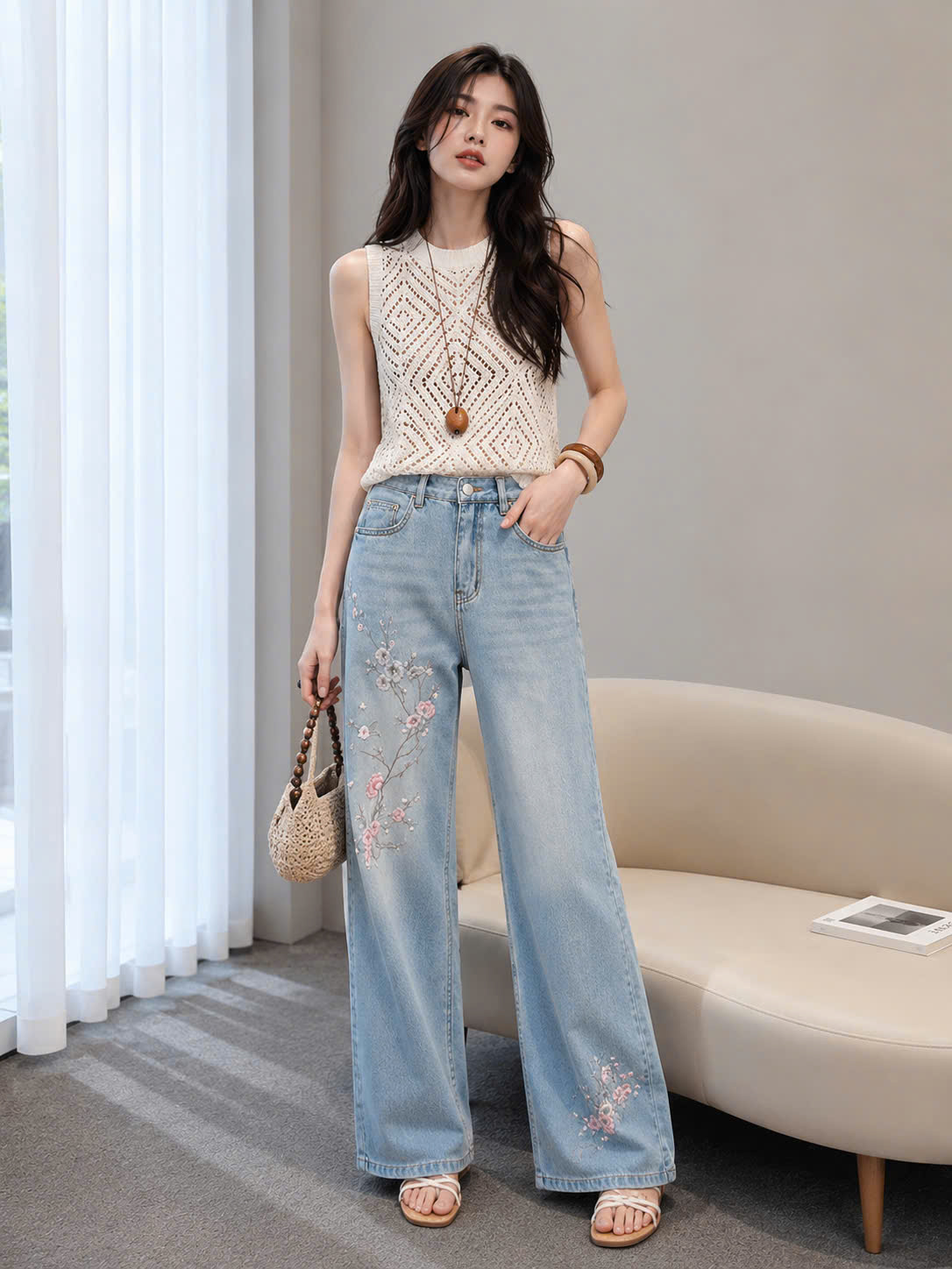 MS GB2207390  Quần Jean Nữ Ống Suông Cạp Cao Thêu Hoa – Thanh Lịch, Tôn Dáng