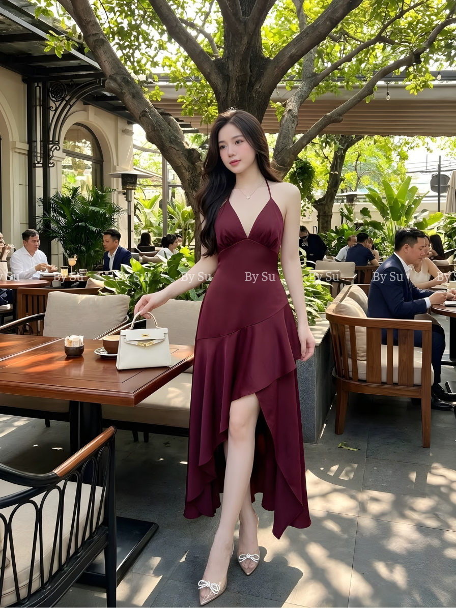 S23 - Đầm Lụa Đuôi Cá Cổ V Đan Lưng