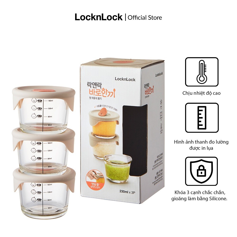 Hộp đựng thức ăn cho bé Lock&Lock có vạch chia 230ml*3 hộp - Nắp màu xám, silicone màu hồng nhạt