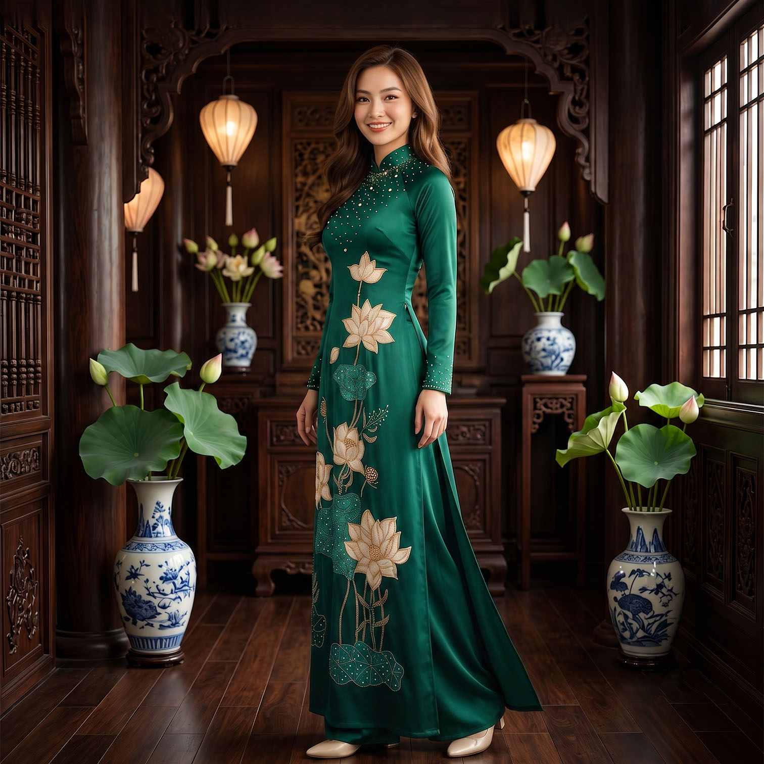 Áo Dài Mẹ Cô Dâu Chú Rể Xanh Rêu Thêu Hoa Sen Cao Cấp AM26-14_thumbnail_3