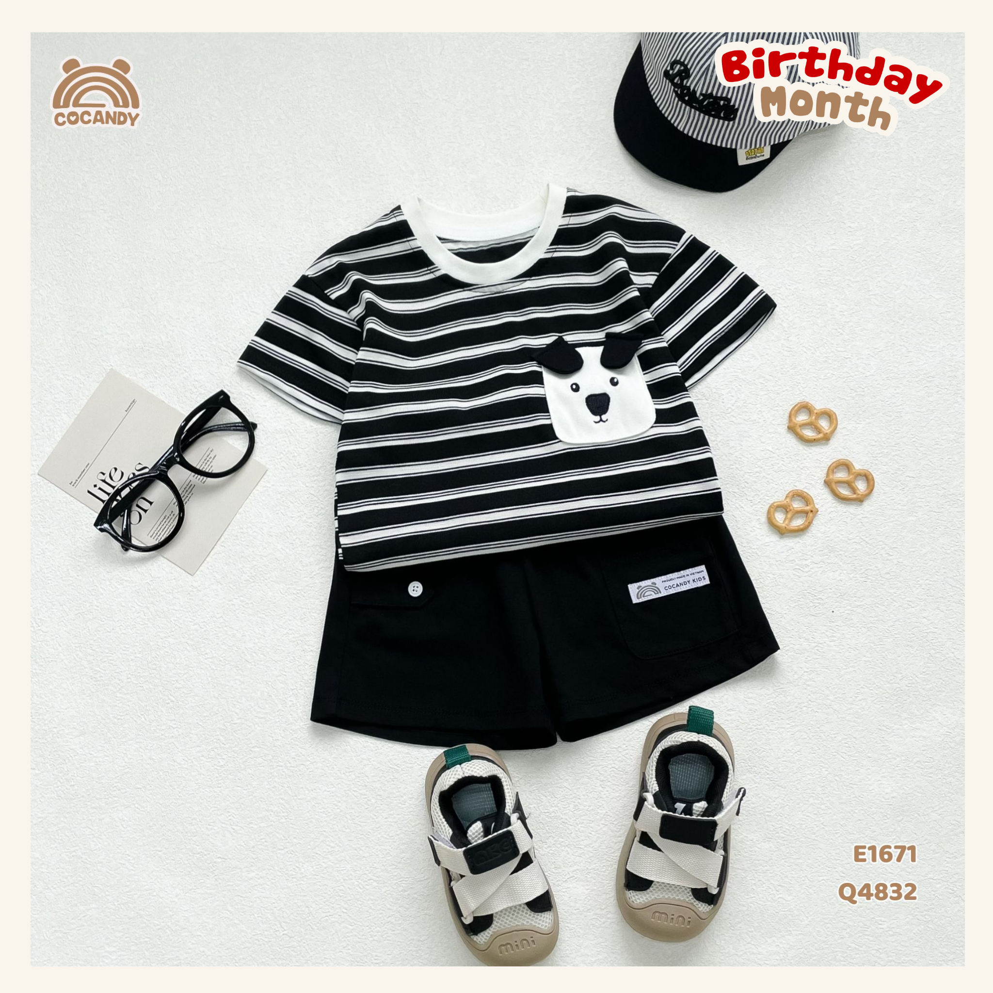 Áo cộc cotton kẻ ĐEN túi gấu