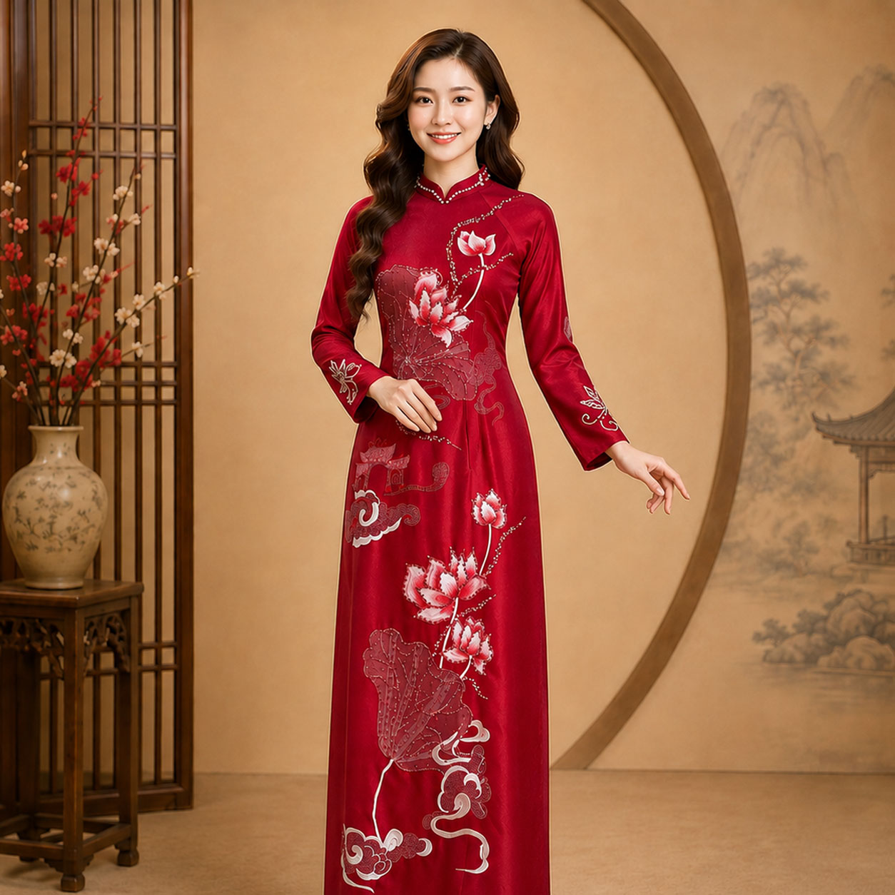 Áo Dài Mẹ Cô Dâu Chú Rể Đỏ Ruby Thêu Hoa Sen Sang Trọng – Ruby Cao Cấp AM26-18_thumbnail_1