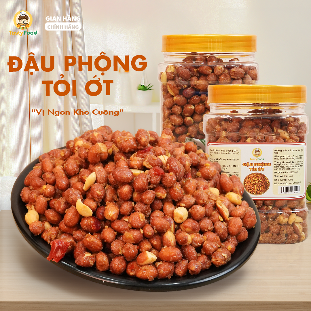 Đậu phộng tỏi ớt Tasty Food - Hũ vuông nhỏ 500g
