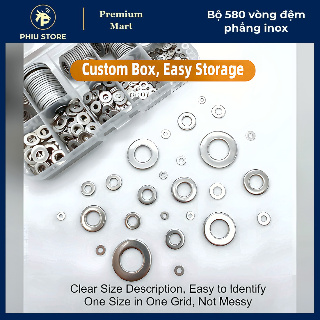 Vòng Đệm Phẳng Inox 304 - Bộ 580 Long Đền Phẳng 9 Cỡ M2-M12, Vòng Đệm Inox Chống Gỉ - PHIU STORE_thumbnail_4