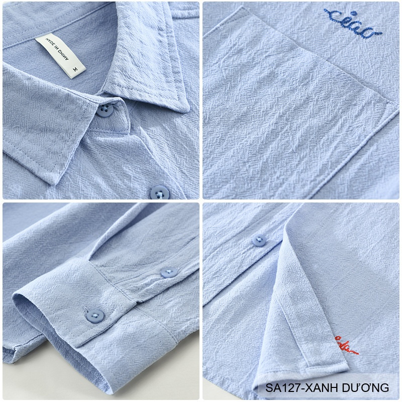 SA127 - Áo sơ mi nam dài tay cotton 100% phong cách Nhật Bản, form rộng, thêu chữ nghệ thuật, màu Trắng/Xanh Dương_thumbnail_12