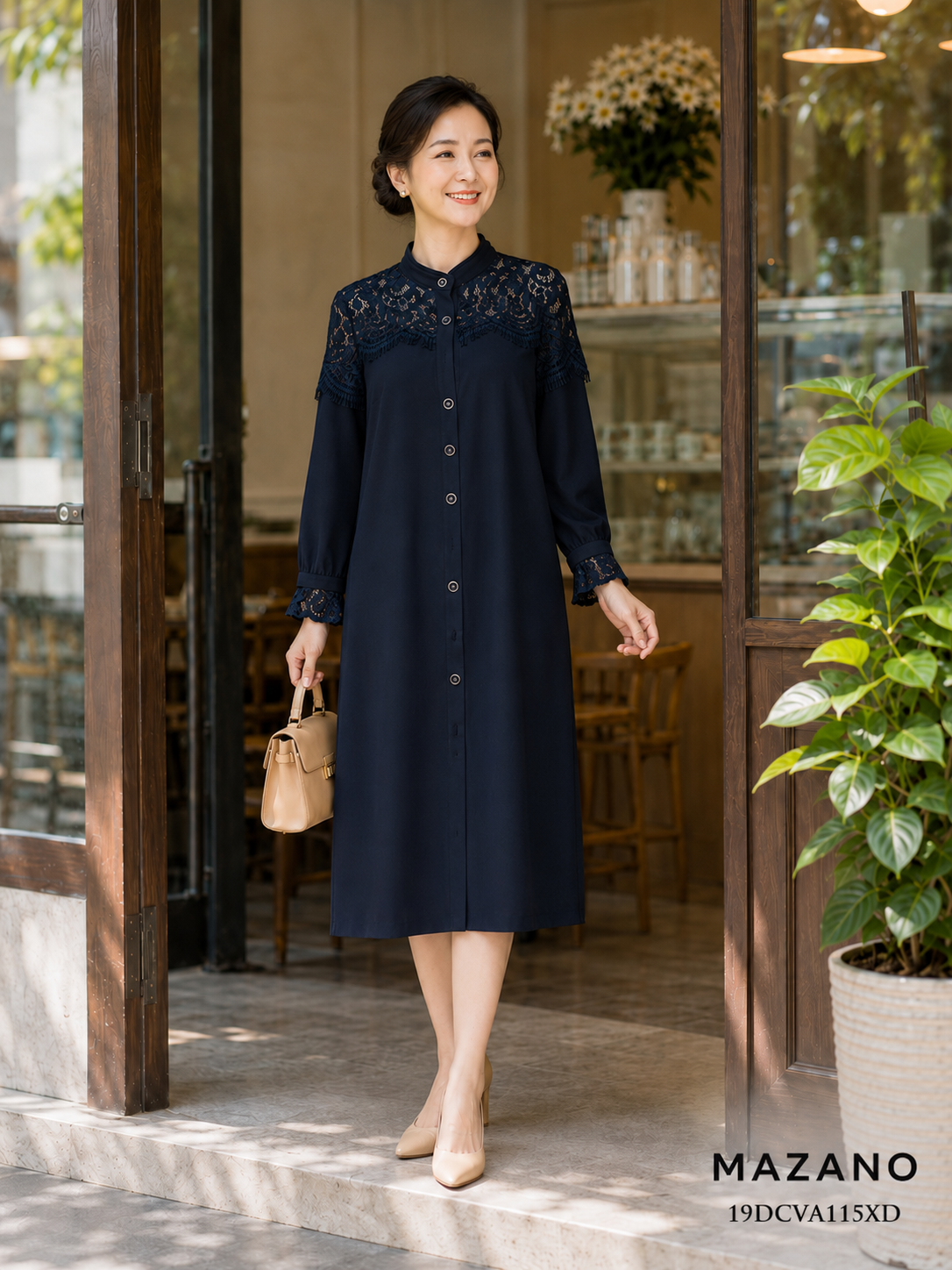 Đầm xanh than phối ren cổ tàu