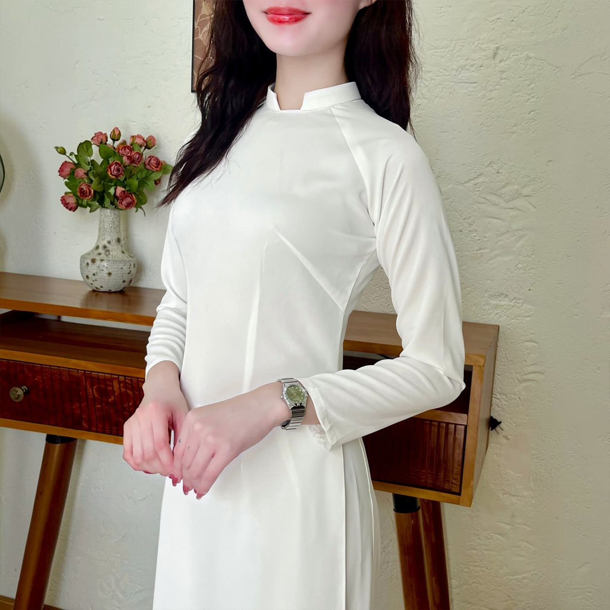 Áo Dài Học Sinh Cấp 3 Trắng 2 Tà Truyền Thống Cổ Khoét U Lụa Thái CT26-101_thumbnail_6