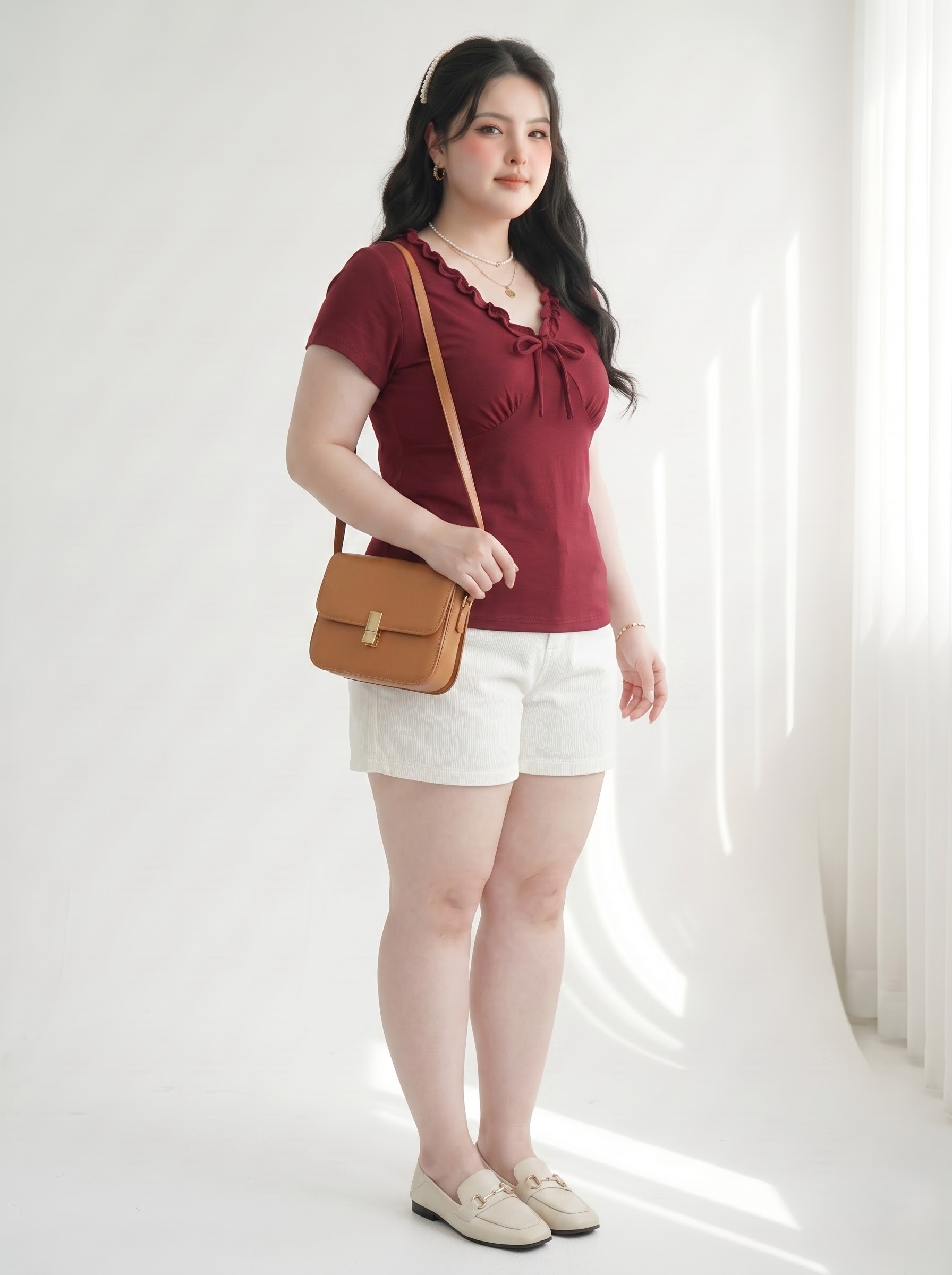 Áo Thun Kiểu Cổ Tim Bèo Nhún Phối Nơ Bigsize Form Ôm Tôn Dáng - Đỏ Đô - Size L đến 3XL (55 tới 90kg) V-AK118