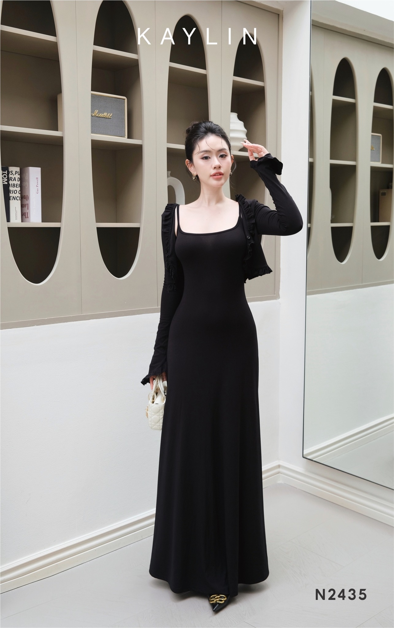 Đầm Thun Maxi KAYLIN Phối Áo Tay Dài Bèo