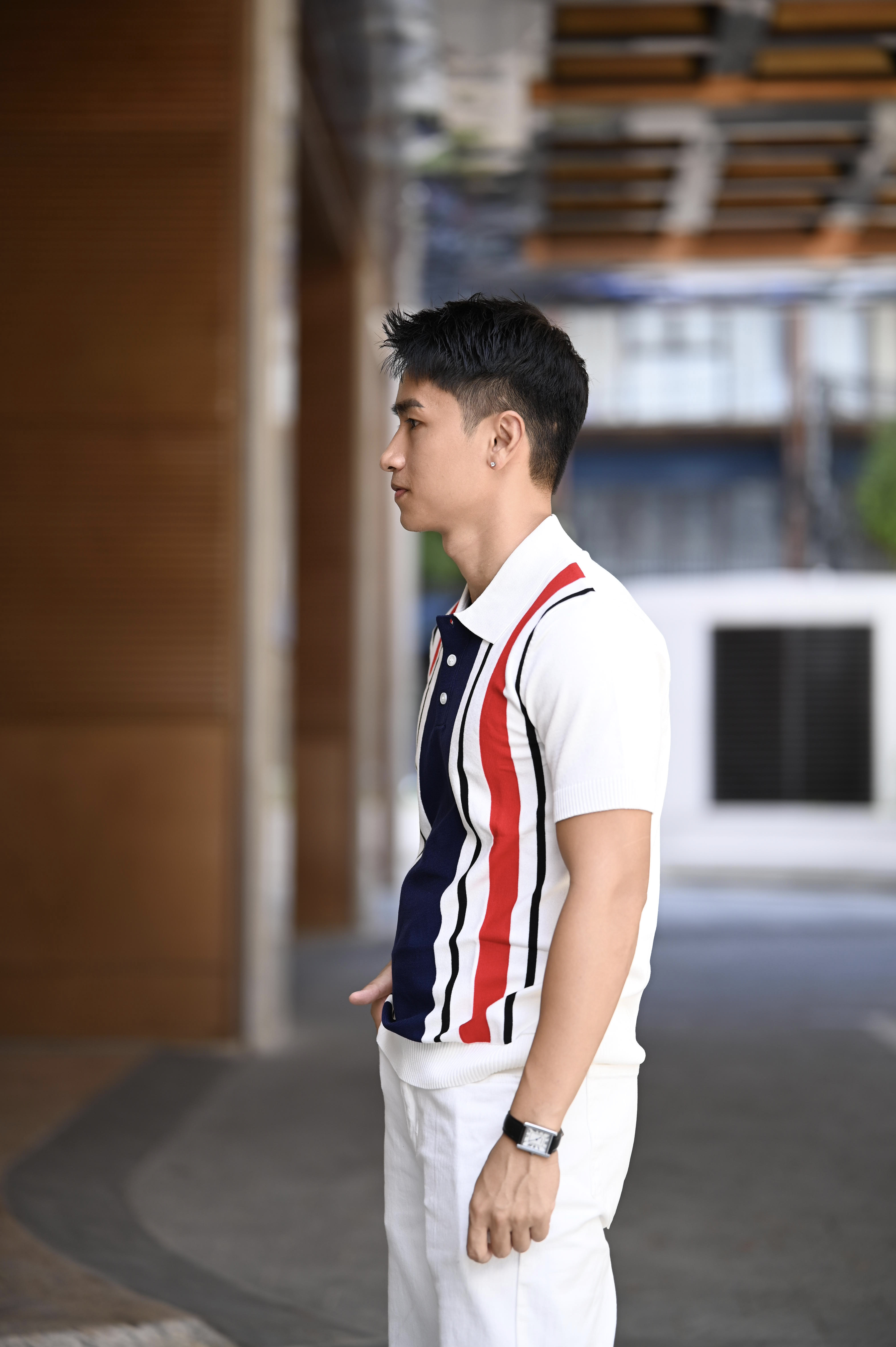 PB9 - Áo Polo Nam Tay Ngắn Dệt Kim Phong Cách Pháp, Họa Tiết Kẻ Sọc Trắng Đỏ Xanh, Mùa Hè 2025_thumbnail_3