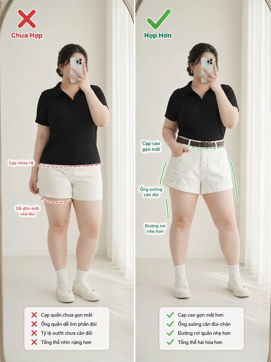 Hướng dẫn mặc quần short cạp cao giúp tổng thể cân đối hơn với dáng đầy đặn