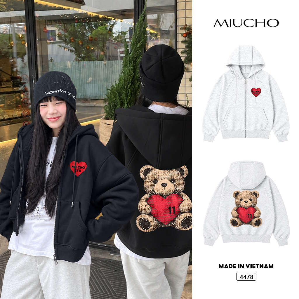 Áo hoodie zip Miucho form rộng basic nỉ 2 da Hàn Quốc 4478
