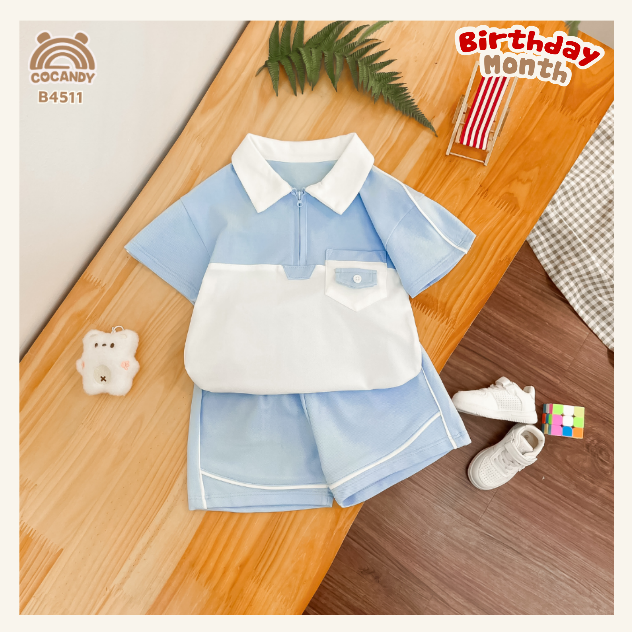 Bộ cộc XANH DƯƠNG phối trắng polo cổ khóa