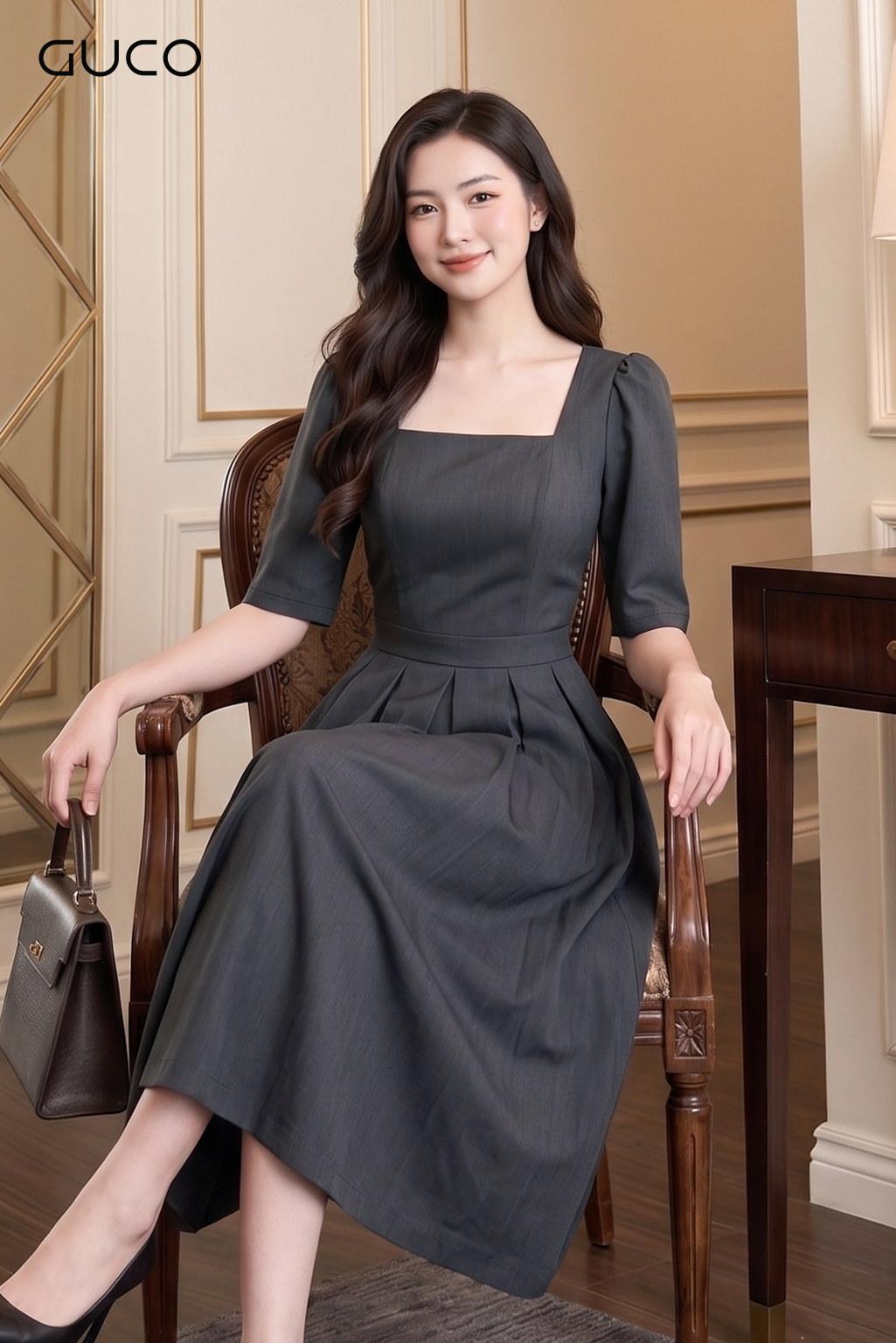Đầm Xòe Xám Cổ Vuông Tùng Xếp Li_thumbnail_1