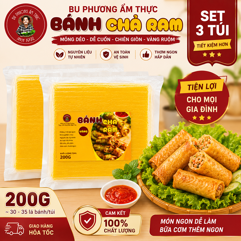 Combo 3 Bánh Chả Ram Bu Phương 200g – Vỏ Cuốn Nem Mềm Dễ Cuốn, Chiên Vàng Giòn Rụm - BP35-3