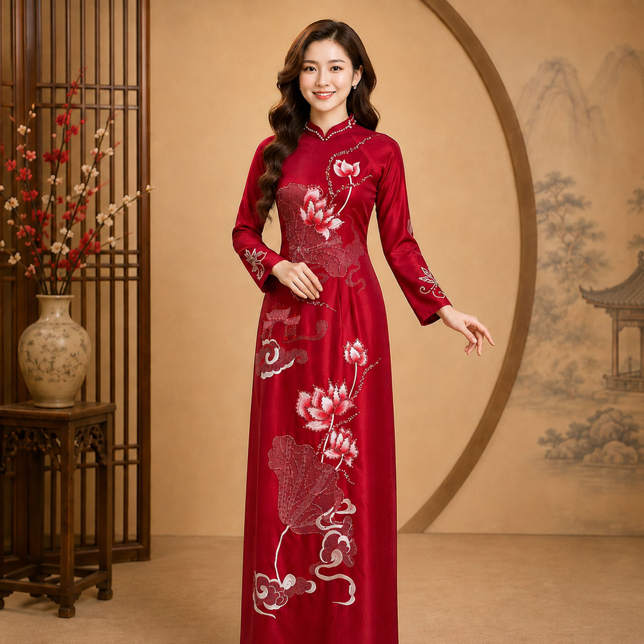 Áo Dài Mẹ Cô Dâu Chú Rể Đỏ Ruby Thêu Hoa Sen Sang Trọng – Ruby Cao Cấp AM26-18_thumbnail_2