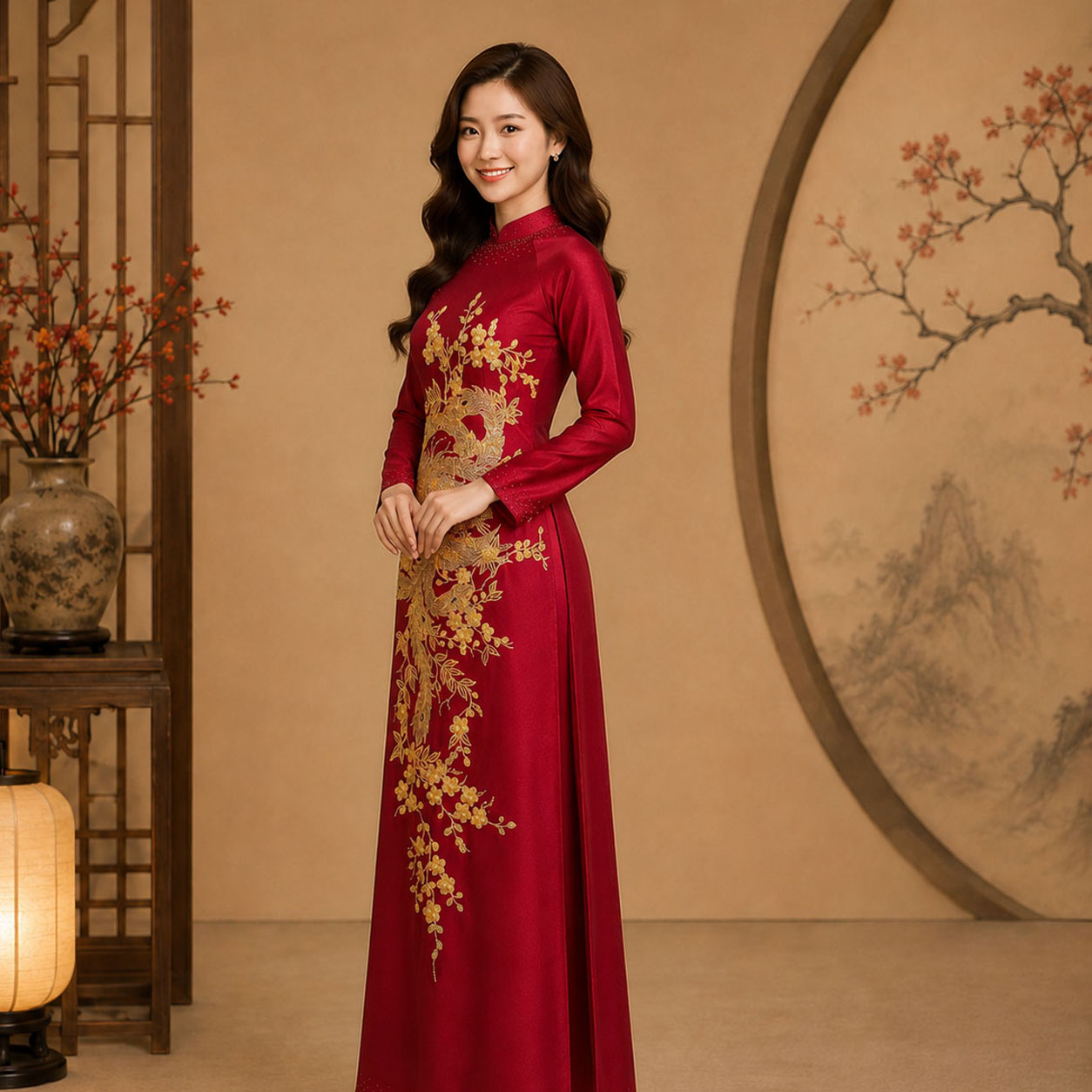 Áo Dài Mẹ Cô Dâu Chú Rể Thêu Song Phụng Vàng Sang Trọng Chất Ruby Cao Cấp AM26-17_thumbnail_1