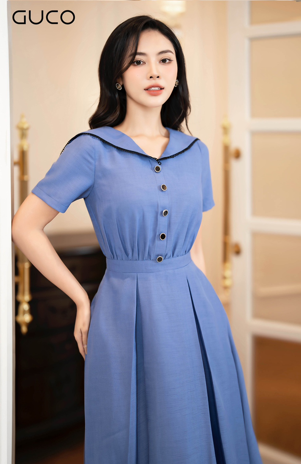 D10034XANH - ĐẦM XÒE CỔ CHOÀNG ĐĂNG REN  - XANH