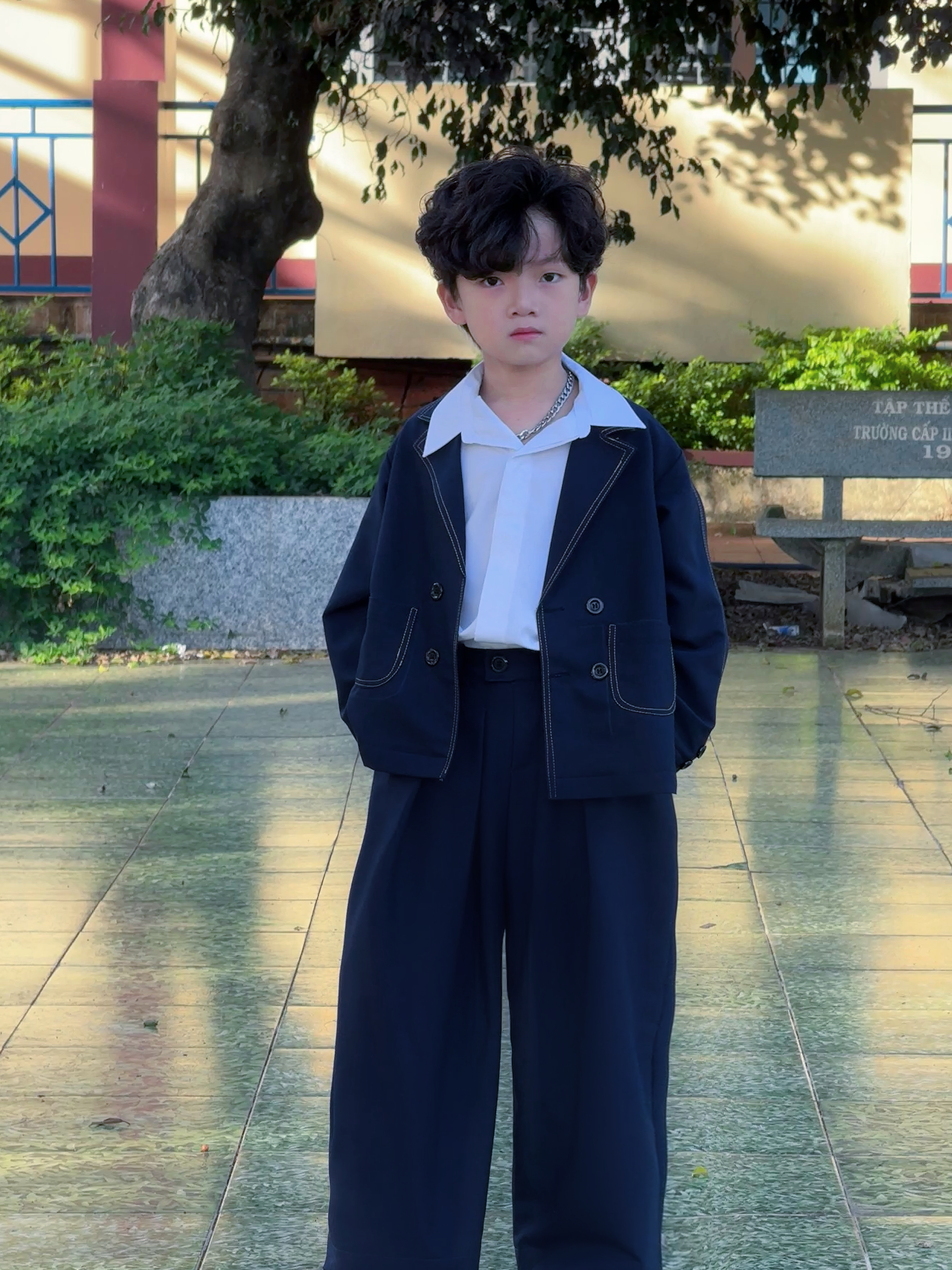 Set Vest Xanh Đen Dáng Rộng Dành Cho Bé Trai Thời Trang Đi Học, Đi TIệc._thumbnail_3