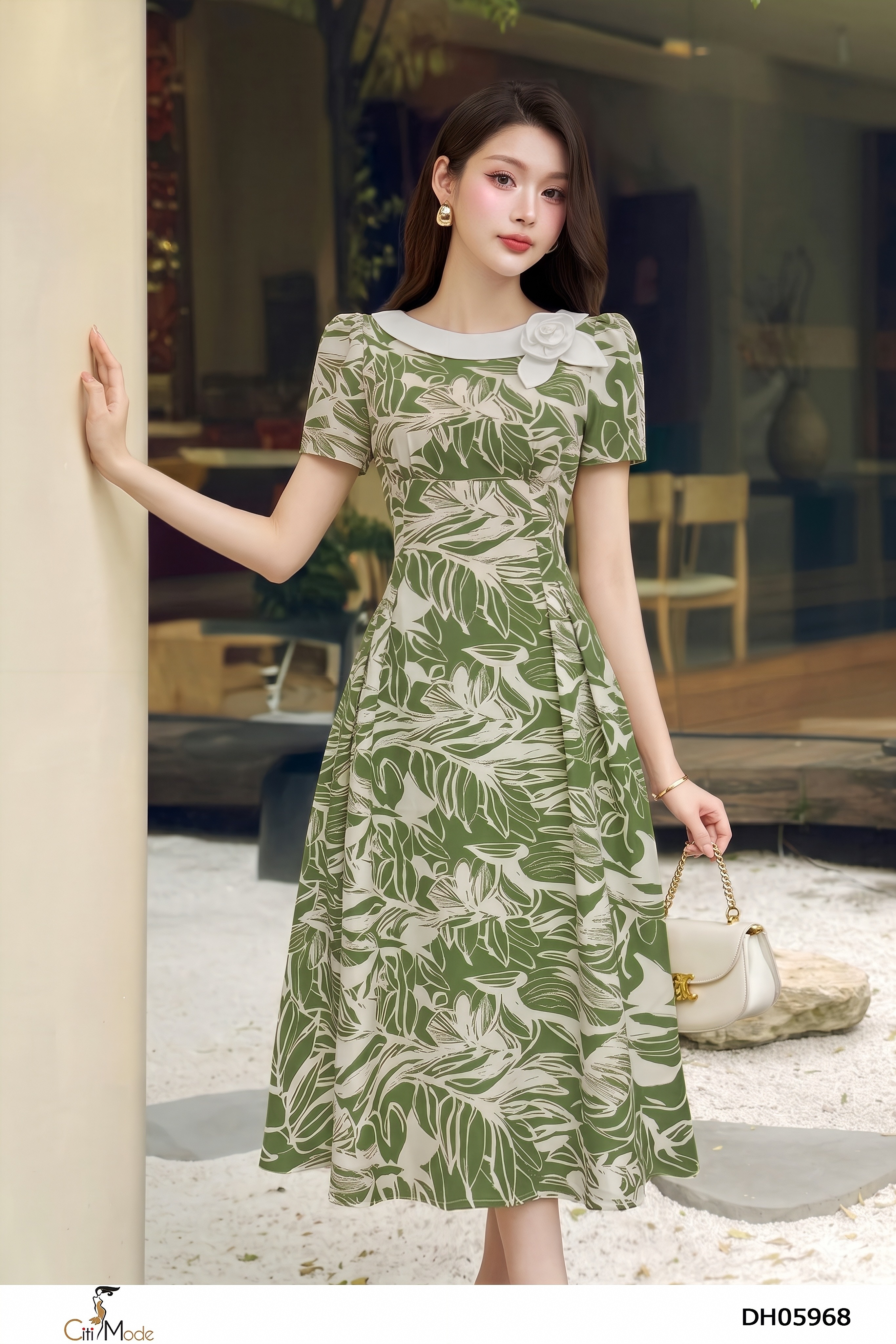 Đầm xòe hoa xanh cổ phối trắng kem hoa tay ngắn_thumbnail_4
