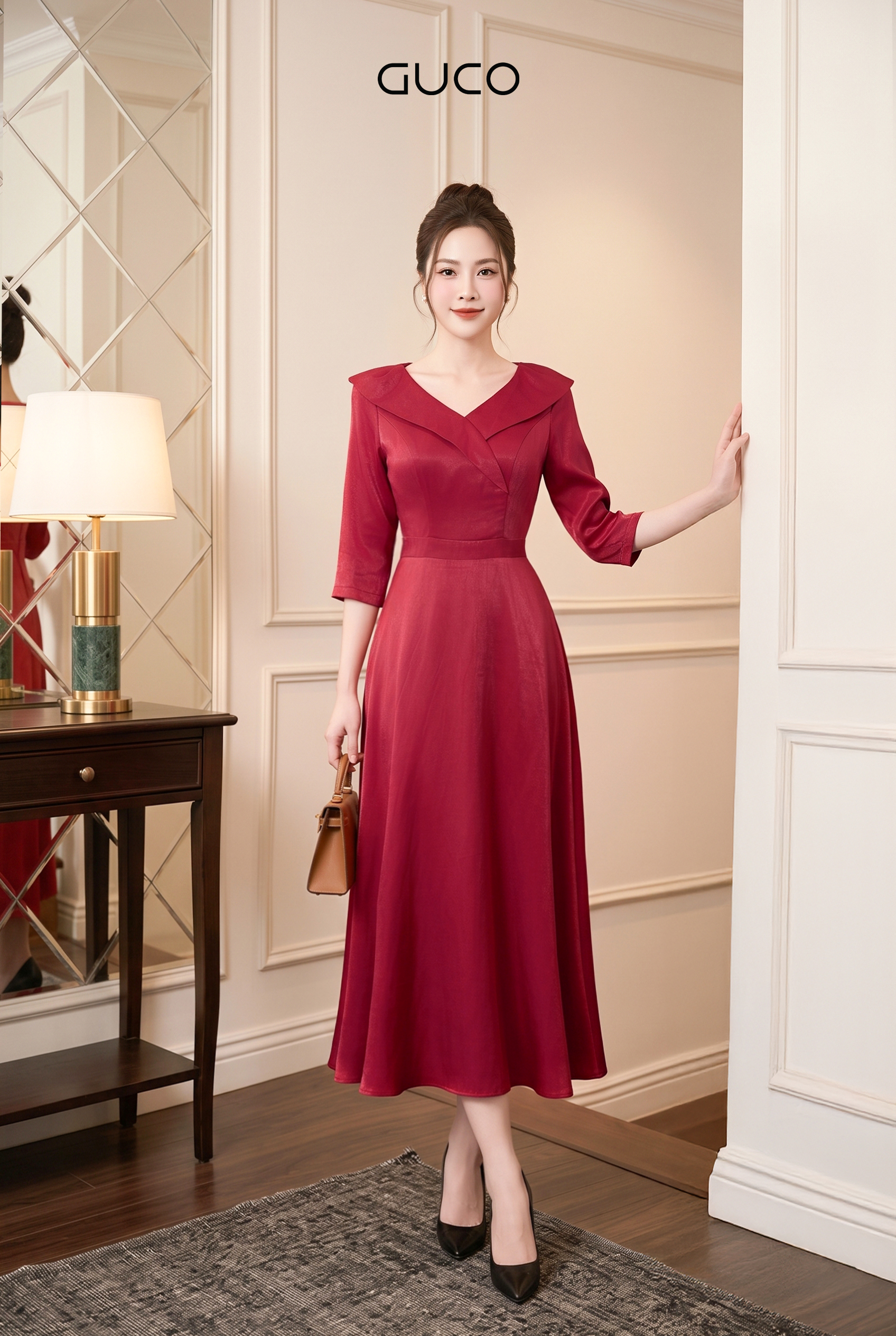 Đầm Xòe Đỏ Cổ Vest Cách Điệu Tay Lỡ