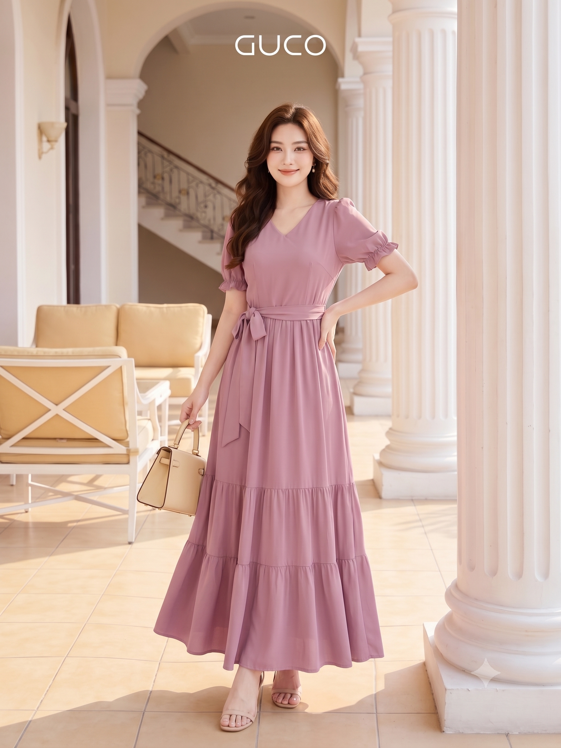 Đầm Maxi Hồng Tay Phồng Xếp Tầng Thắt Nơ_thumbnail_2