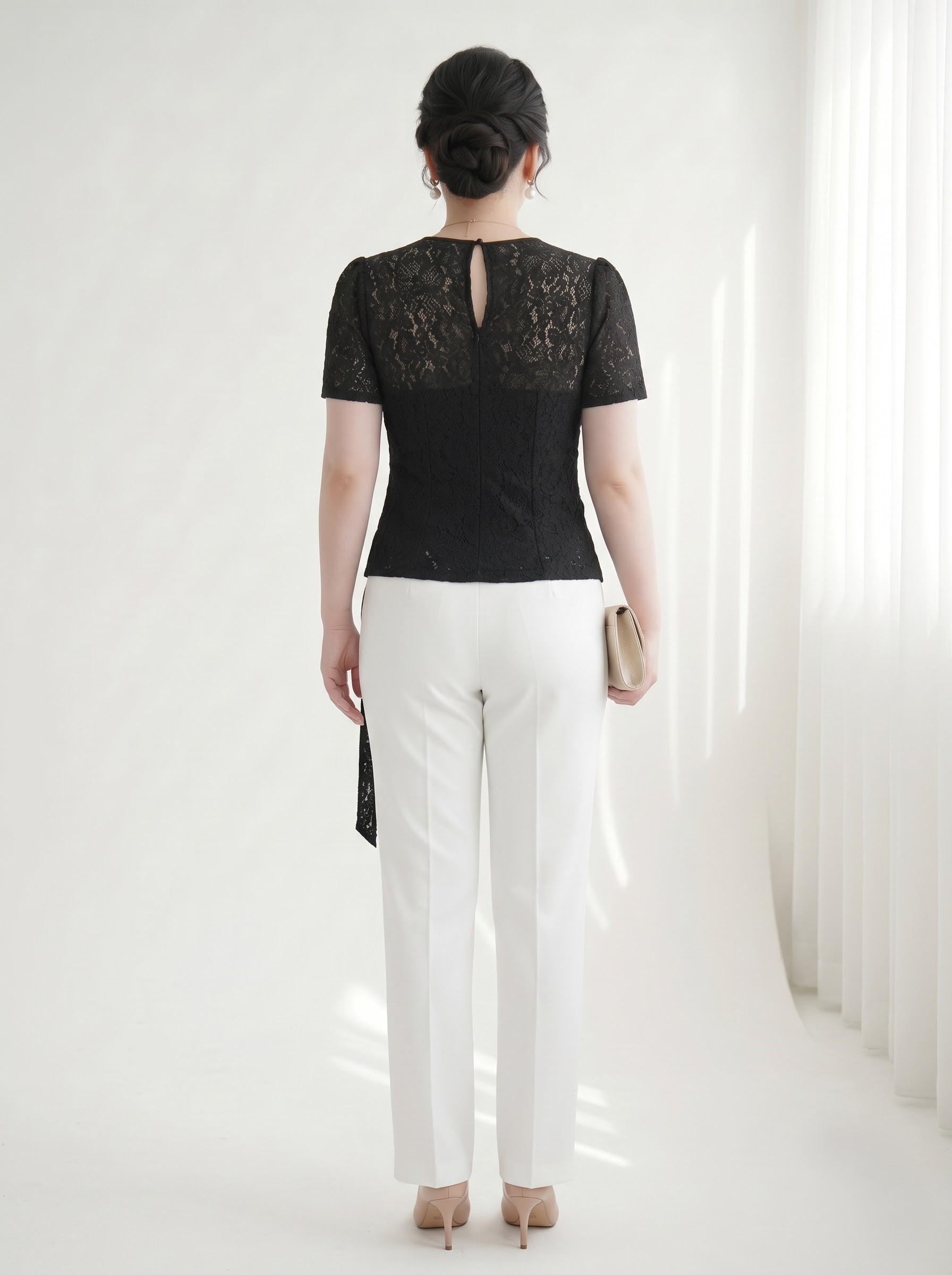 Áo Ren Hoa 2 Lớp Cột Nơ Bigsize Form Ôm Tạo Eo, Lót Cotton Lạnh - Đen - Vừa 55–90kg - V-AK124_thumbnail_1