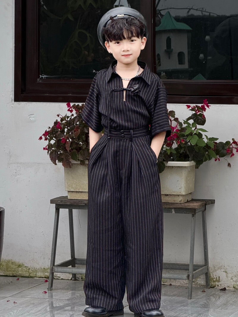 Bộ Quần Áo Đen Sọc Cúc Tàu Cho Bé Trai, Bé Gái.