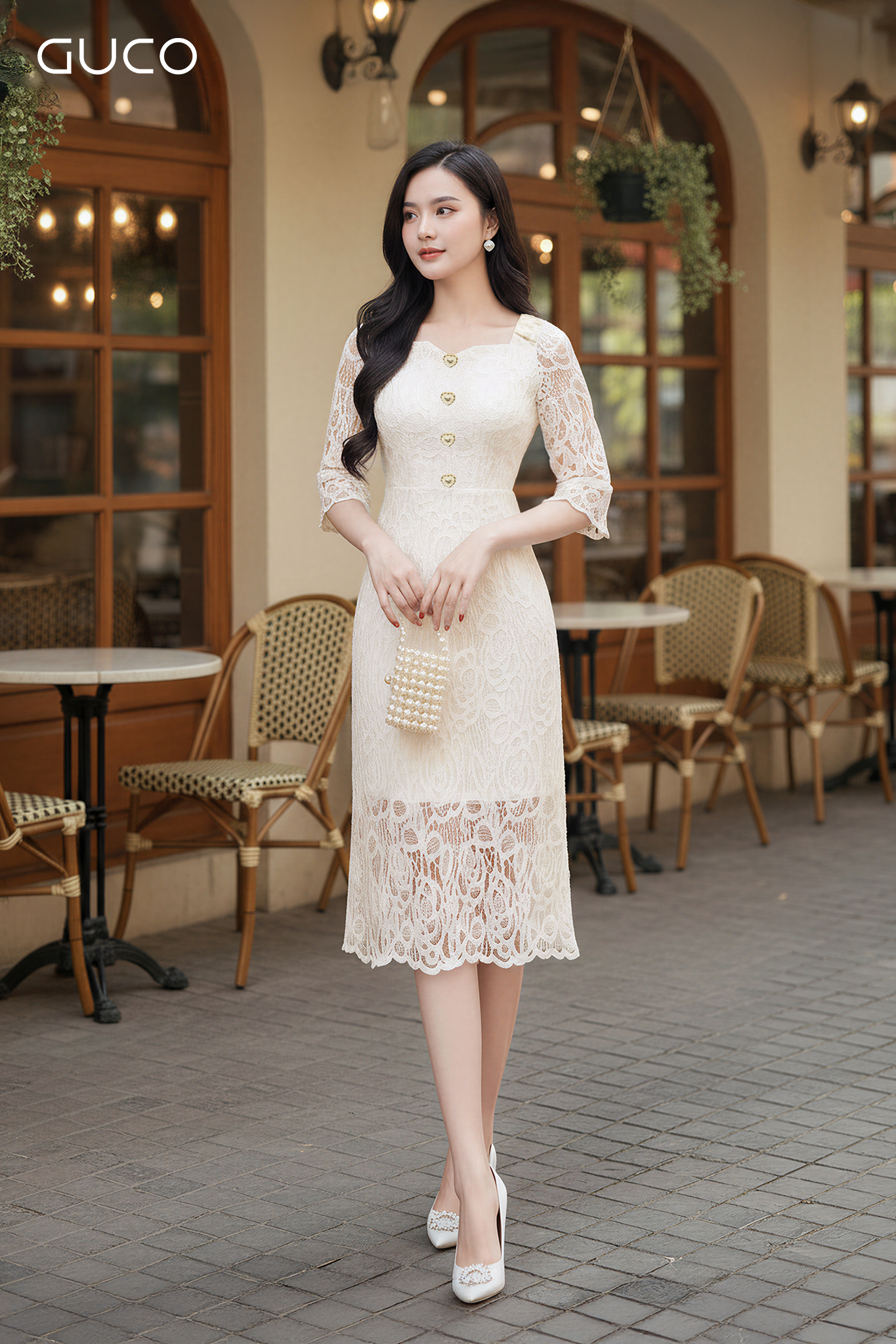ĐẦM BODY DỰ TIỆC REN HOA TAY LỠ - KEM
