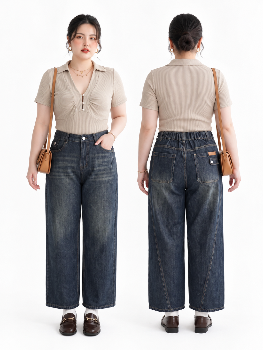 Minh họa dáng trước và sau của quần jean T-QJ640 xanh đậm phối áo màu trung tính sơ vin