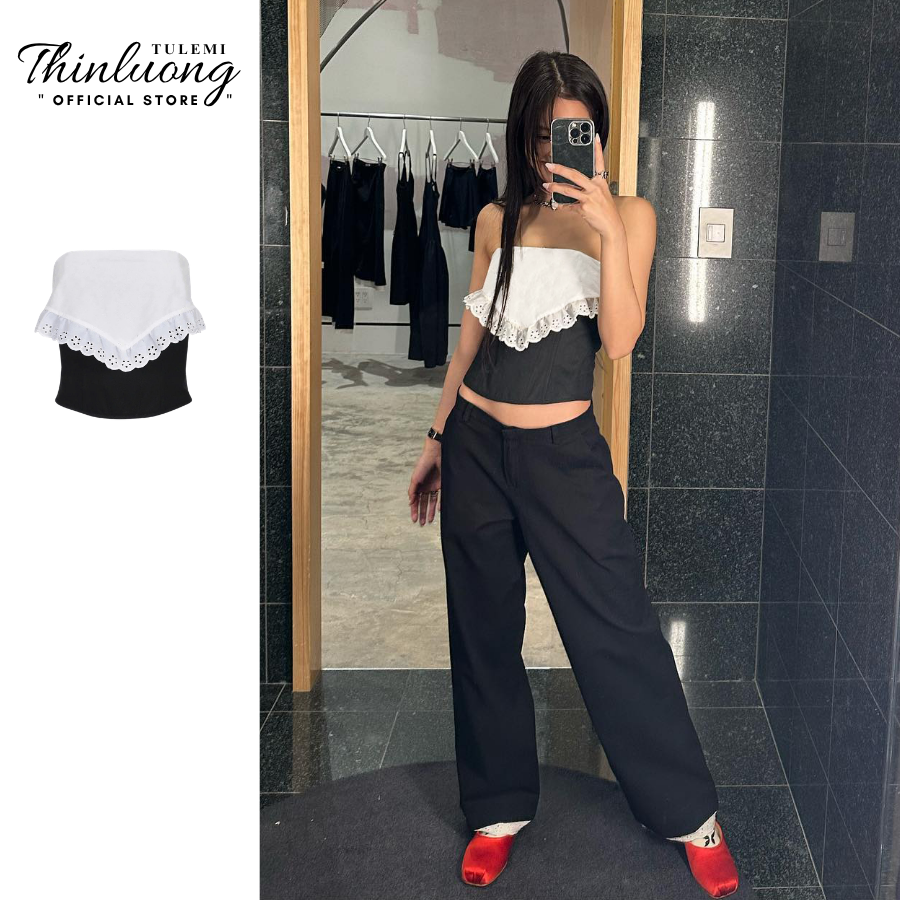 Áo croptop kiểu yếm phối ren Jennie