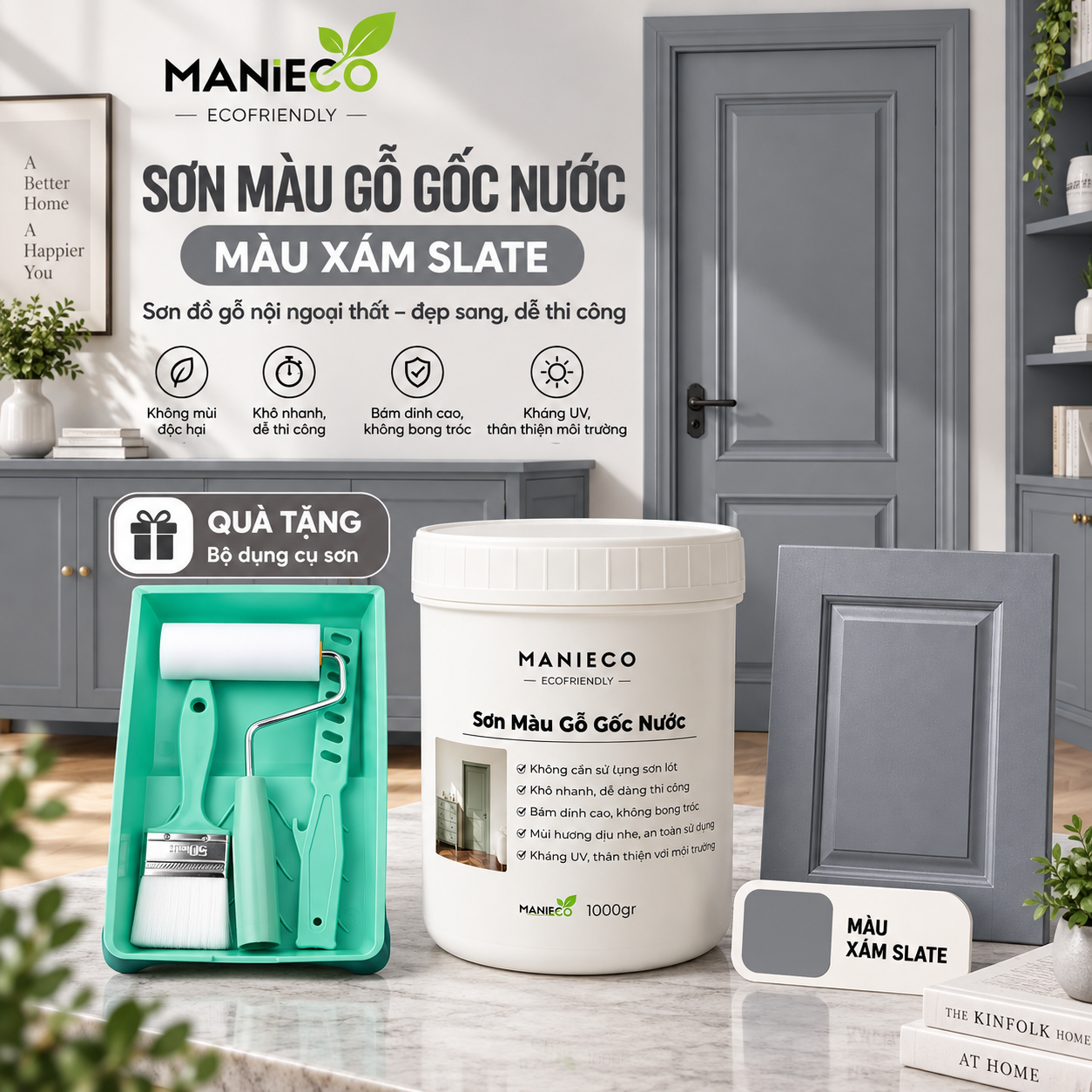 Màu Xám Slate - Sơn Gỗ Gốc Nước Đổi Màu Manieco 1KG - Nội Ngoại Thất, Che Phủ Hoàn Toàn, Không Mùi