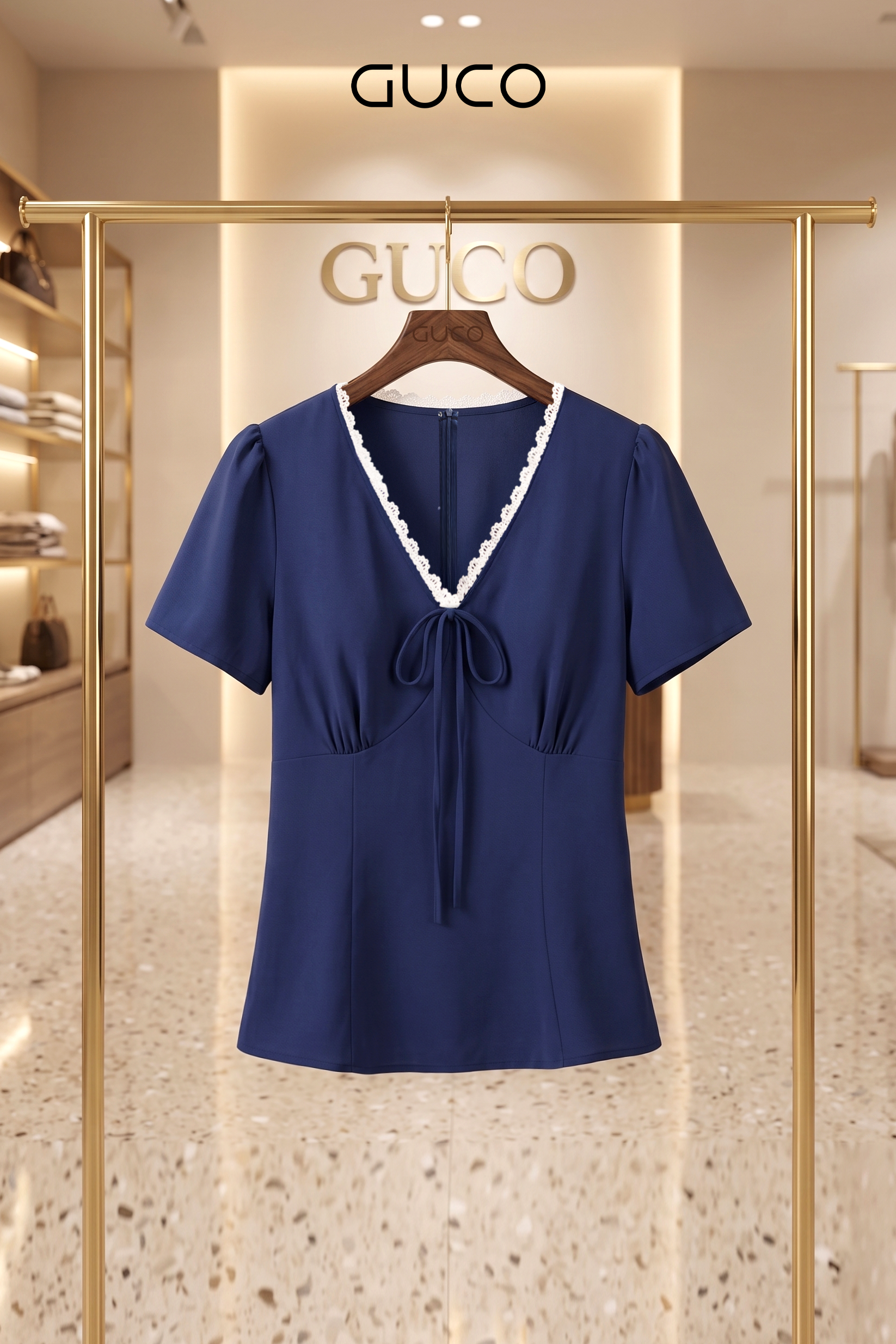 GUCO Áo Xanh Navy Viền Ren Thắt Nơ