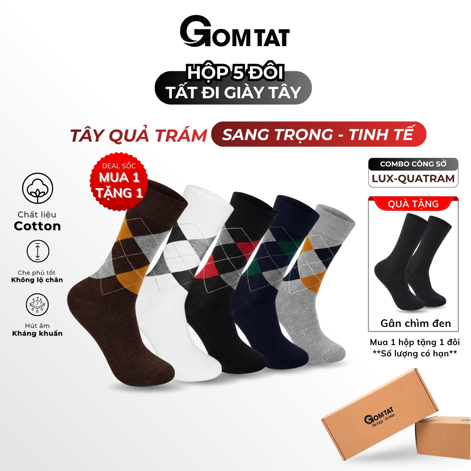 Hộp 5 đôi tất nam cao cổ đi giày tây GOMTAT hoạ tiết quả trám sợi cotton cao cấp LUX-QUATRAM