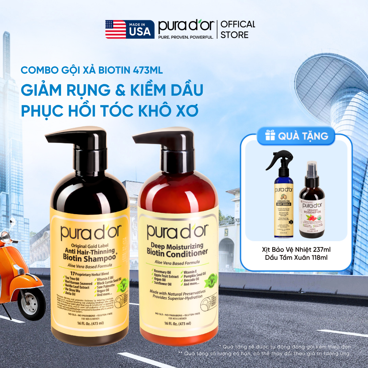 Combo Gội - Xả Biotin Pura D'or Original Gold Label & Deep Moisturizing Chăm Sóc Da Đầu, Dưỡng Ẩm Chuyên Sâu 473ml