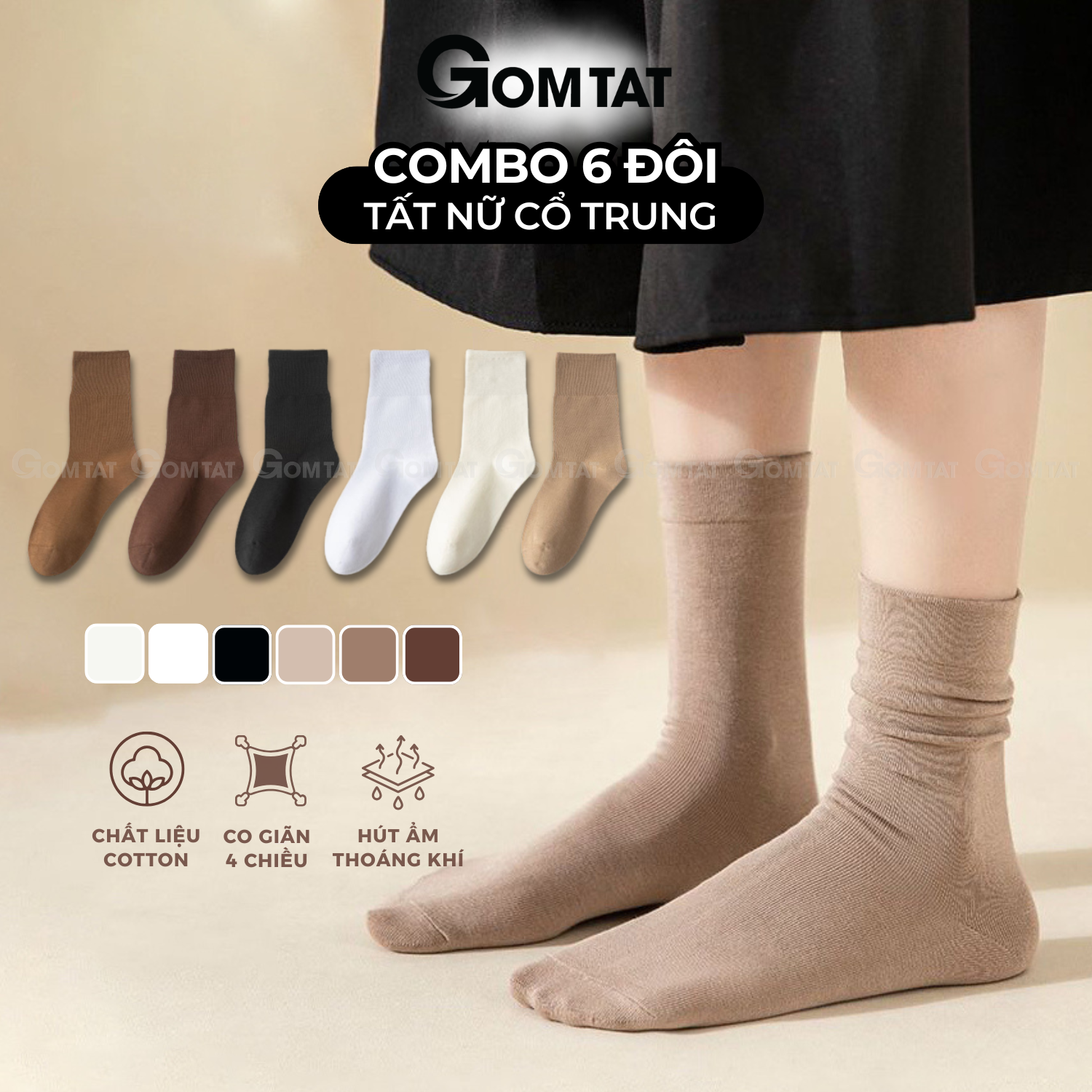 Combo 6 đôi tất nữ cổ trung GOMTAT dệt kim, vớ chân nữ trơn màu mềm mịn thoáng khí - OAS-1703-CB6