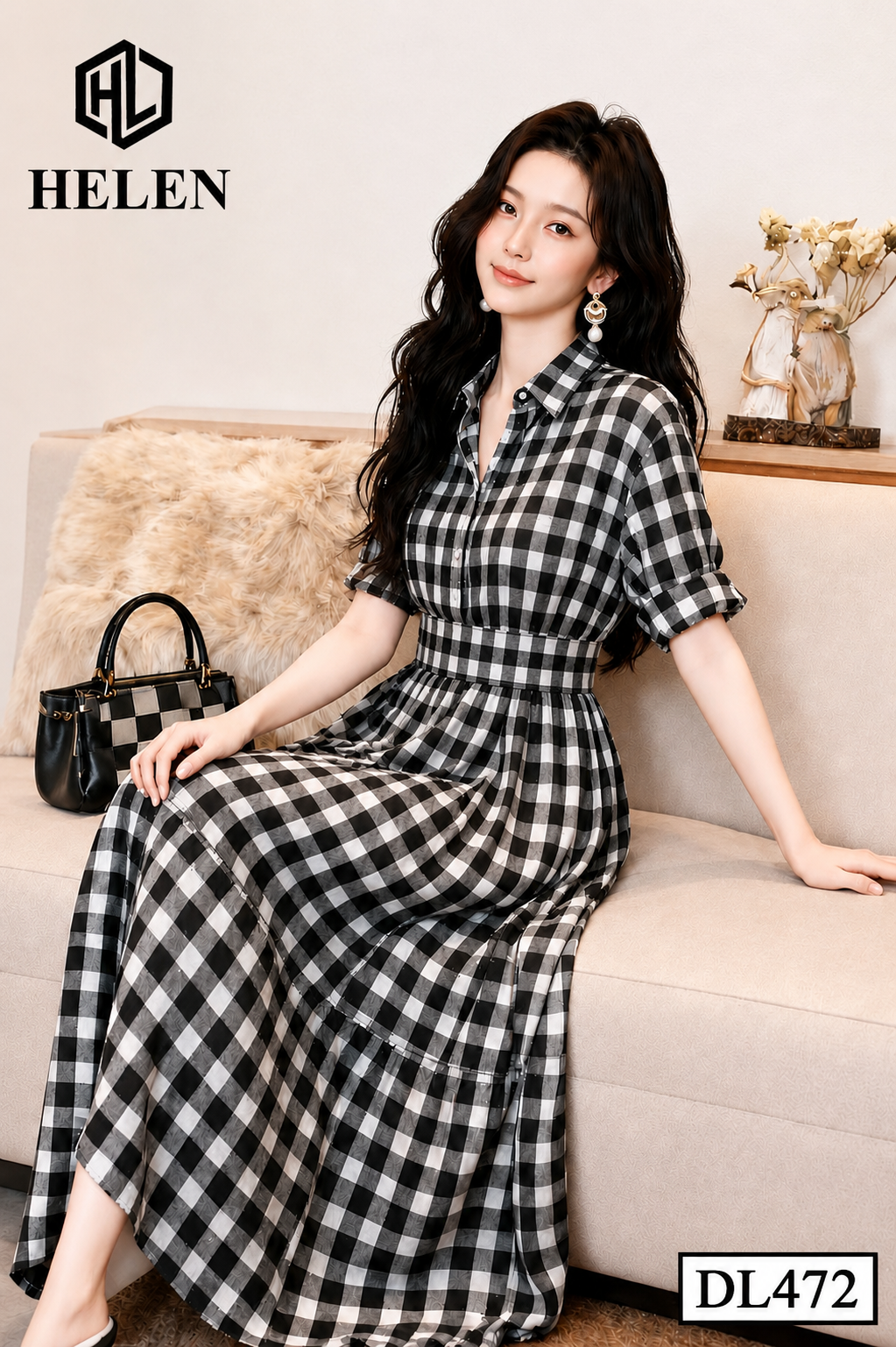 Đầm xòe kẻ ô đen trắng cổ đức DL472