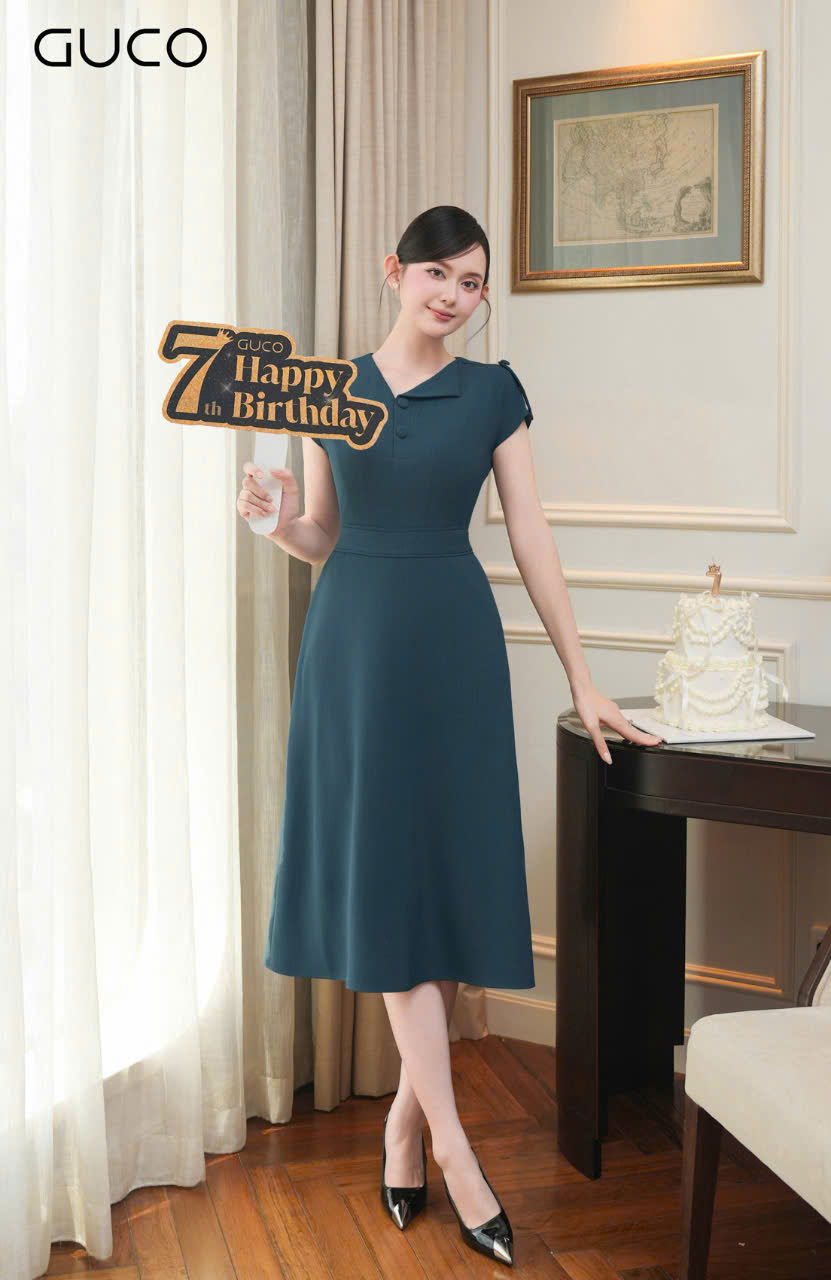 ĐẦM A CỔ VEST VAI KẾT NÚT - XANH CỔ VỊT_thumbnail_1